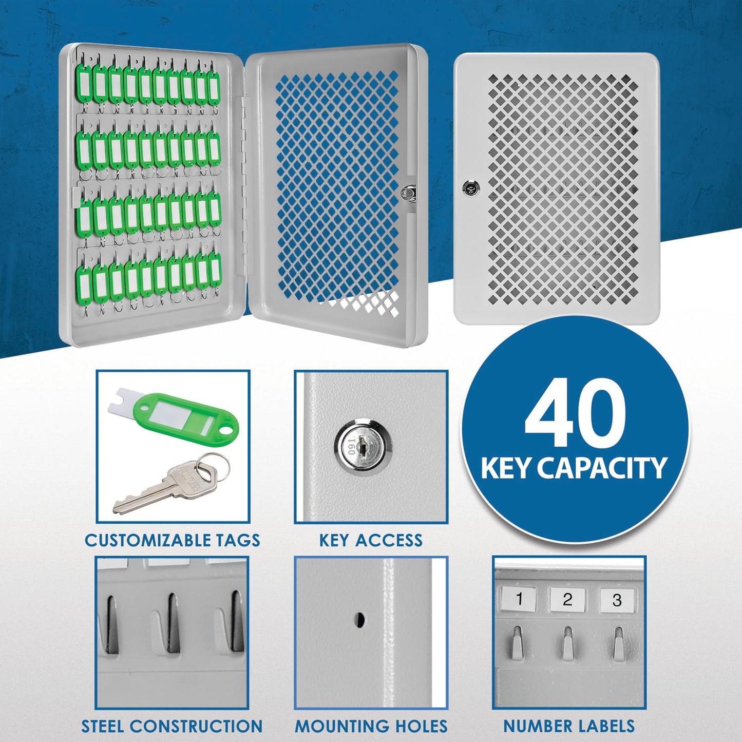 Barska Box with Numbered Hooks Lock Cabinet with Green Tags, 40 Keys, Grey