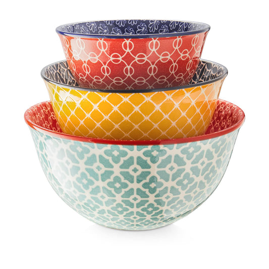 DOWAN Mixing Bowls, Ceramic Mixing Bowls for Kitchen, Colorful Vibrant Nesting Bowls for Cooking, Baking, Prepping, Serving, Salad, Housewarming Gift, Microwave Dishwasher Safe, 3.7/2/1 Qt, Set of 3