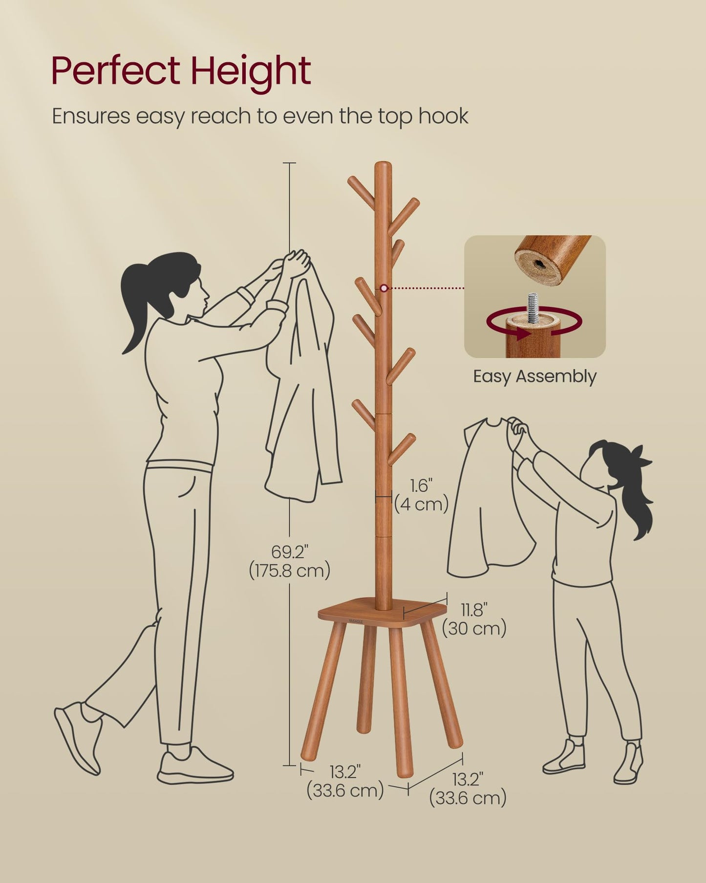 VASAGLE Coat Rack, Free Standing Coat Stand, Hall Coat Tree with 8 Hooks and Storage Shelf, 69.2 Inch Tall, for Coats, Hats, Bags, for Entryway, Hallway, Bedroom, Caramel Brown URCR033K01
