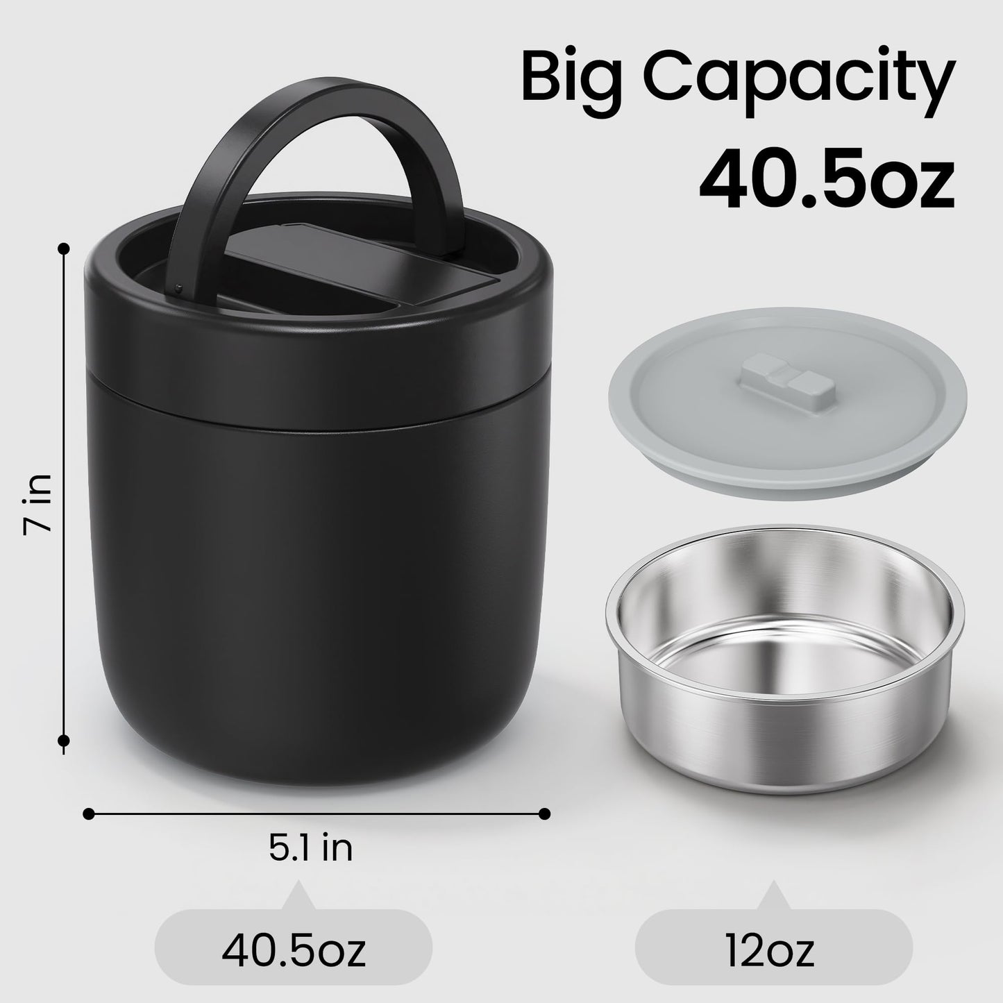 HOMEKOL Thermo for Hot Food Soup: 40.5 oz Insulated Lunch Container for Adults, Stainless Steel Thermal Jar with 12oz Inner Jar, Wide Mouth Leakproof Easy-Open Lid with Foldable Spoon & Handle, Black