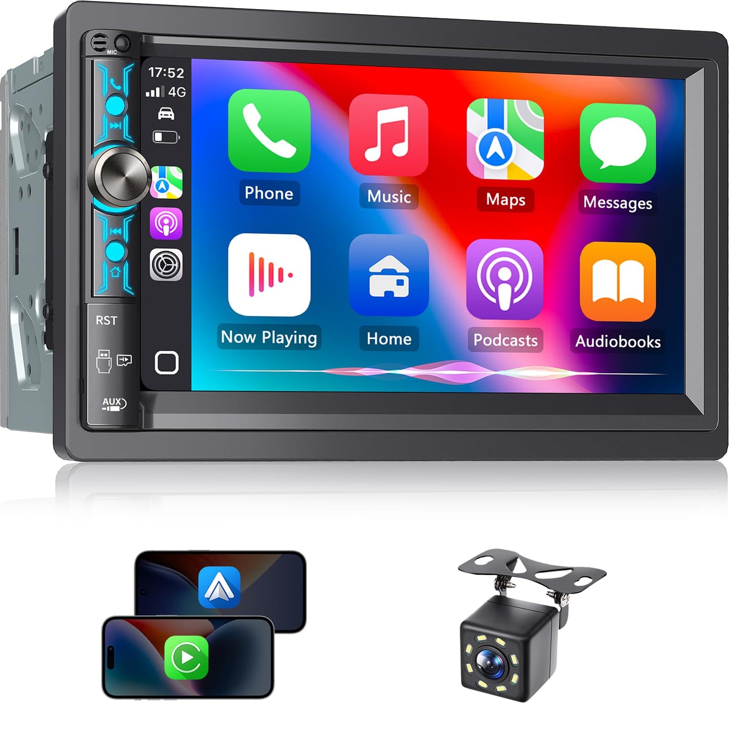 Kissound 7" Double Din Car Stereo with Wireless Apple Carplay & Android Auto, Bluetooth, 240W, SWC, Subwoofer Out, Mirror Link, USB-C/AUX/TF, FM/AM Car Radio Receiver, Backup Camera