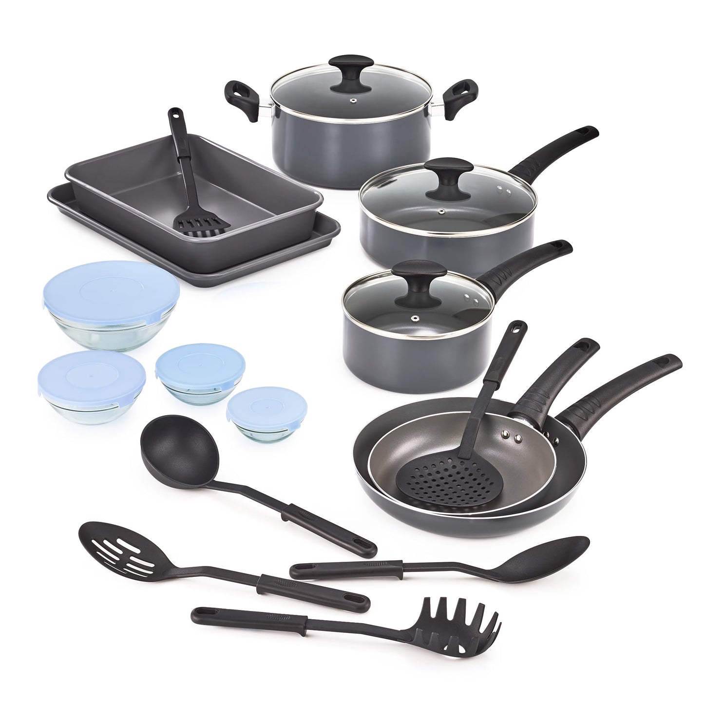 bella Cookware Set with Glass Lids with Nonstick, PFOA Free and Scratch Resistant Surface, Aluminum Bakeware, Pots and Pans, Storage Bowls & Utensils, Compatible with All Stovetops, 21 Piece, Gray