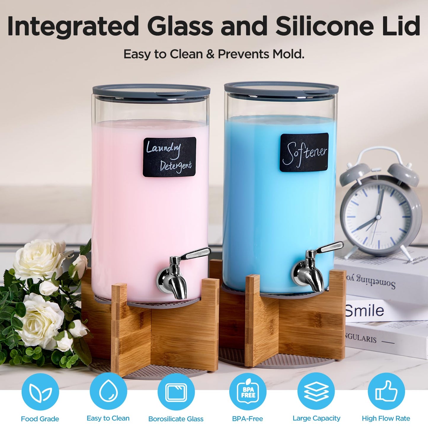Spreccio Glass Laundry Detergent Dispenser with Holder,1.1 Gallon Laundry Liquid Dispensers with Stainless-Steel Tap,Large Glass Fabric Softener Containers with Stand for Laundry Room Organization
