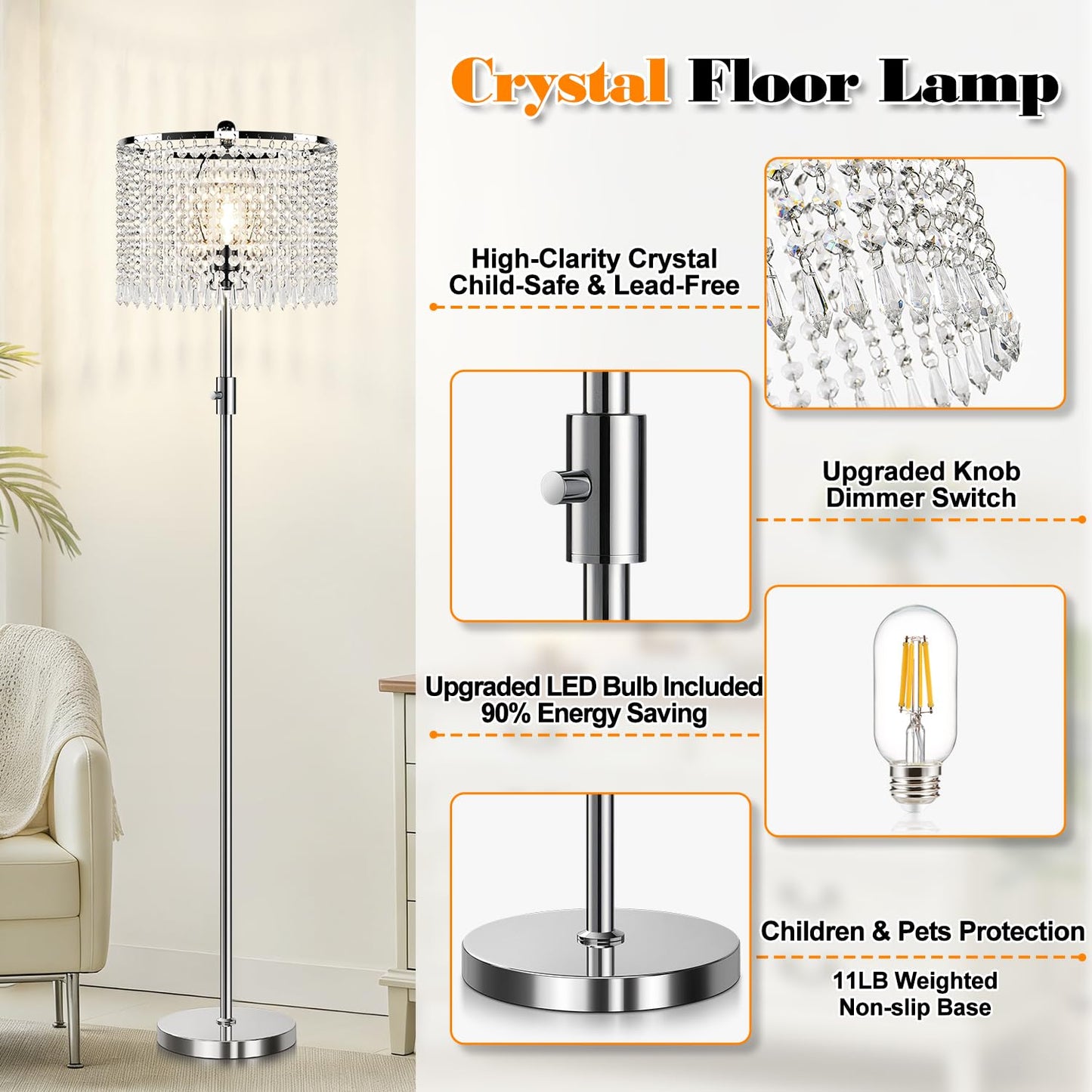Yemela 【Upgraded】 Dimmable Crystal Floor Lamps for Living Room, 1000LM LED Bulb Included, Standing Lamp with Knob Switch, Tall Silver Modern Floor Lamp for Bedroom Nursery Office Reading
