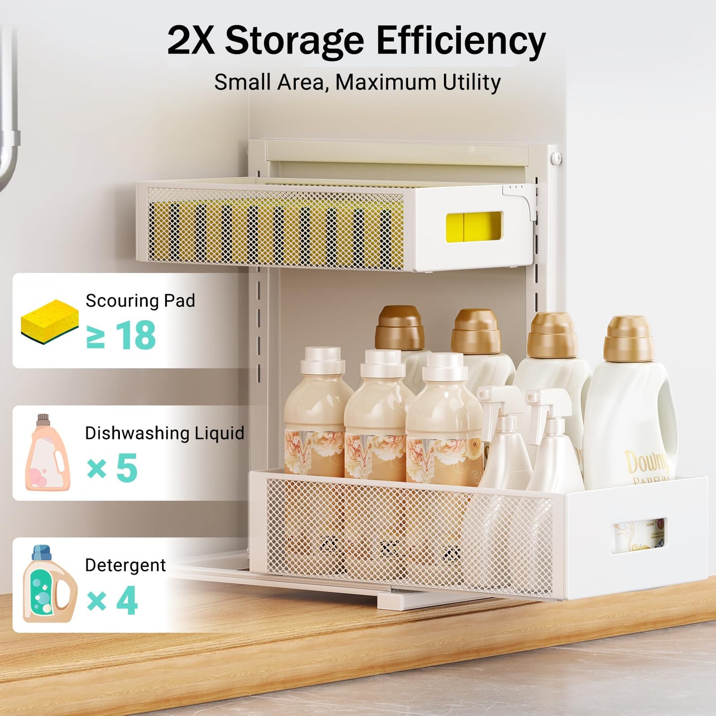 Under Sink Organizer Adjustable Height 2 Tier Bathroom Organizer Pull Out Cabinet Organer kitchen organizers and storage fridge organizers and storage,White,XL-1 Pack