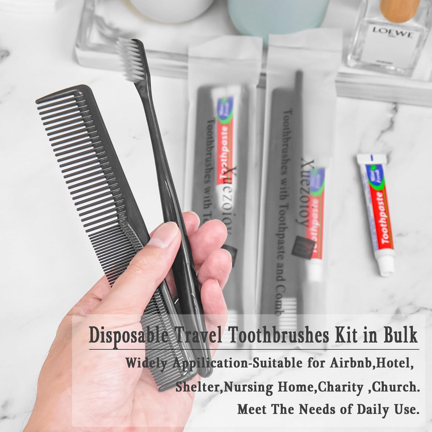 100 Pack Black Disposable Toothbrushes with Toothpaste and Comb Set,10g Toothpaste,7inch Hair Comb,Individually Wrapped Disposable Travel Toothbrushes Kit in Bulk for Homeless,Airbnb,Hotel,Shelter