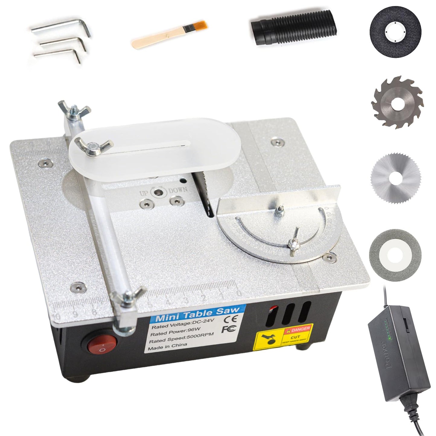 Mini Table Saw, RTOVZON 96W Mini Desktop Electric Saw Cutter 7.1"x5.5", Cut Thickness Adjustable Precision Craft Table Saw with Speed & Angle Adjust 4* Blades, Available for Wood/PCB/Acrylic/Plastic