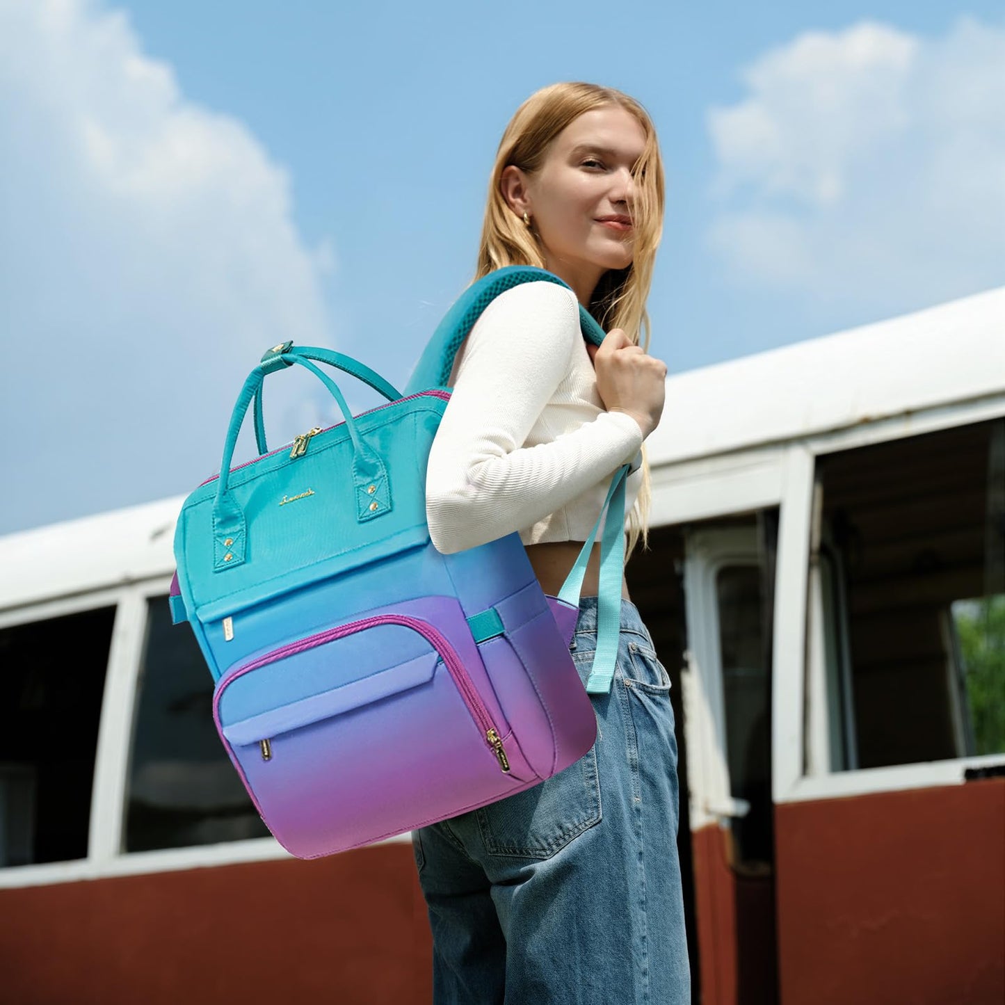 LOVEVOOK Gradient Laptop Backpack for Women,Colorful School College Backpack for 6-18 Teen Girl Boy Daughter Kid,Bookbag Travel Gift Supplies,15.6 Inch Work Computer Bakcpack Laptop Bag,Green-Red