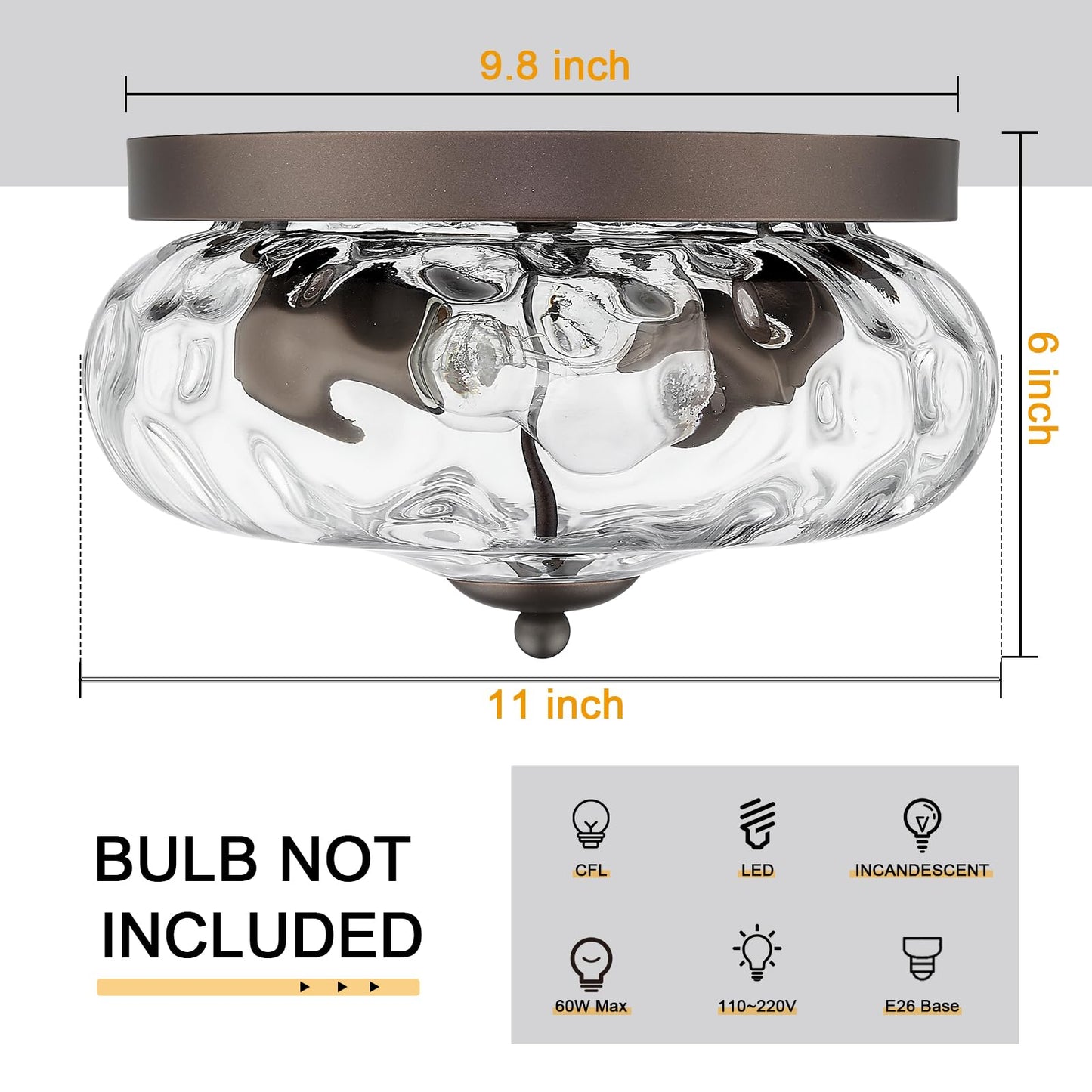 Darkaway Ceiling Light Fixtures Flush Mount Indoor Outdoor Ceiling Light with Water Ripple Glass Shade for Hallway Kitchen Bedroom Porch Living Room Bronze Finish