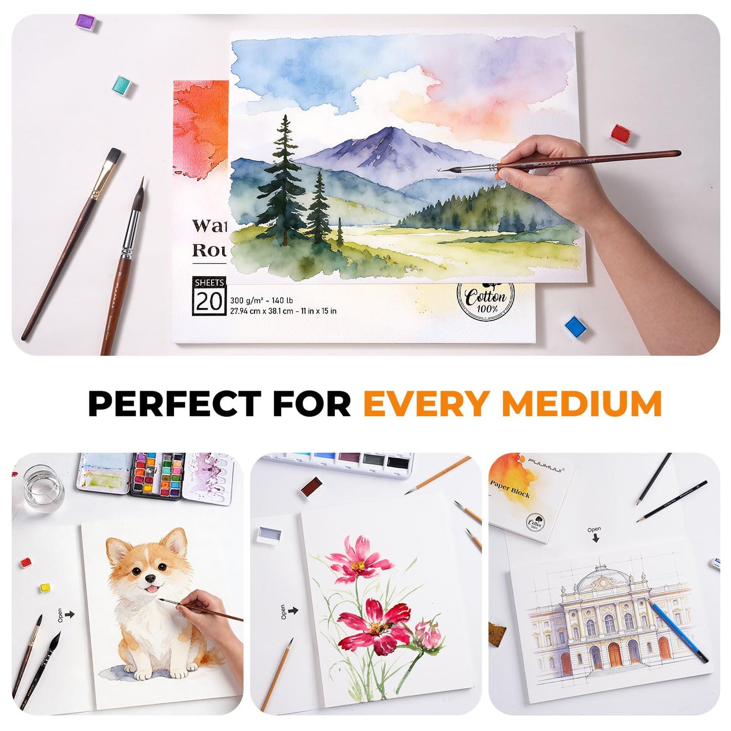 Fuumuui 11×15 Watercolor Paper Block, Textured Rough 100% Cotton Watercolor Paper, 140lb/300gsm, 20 Sheets, Acid-Free, Art Paper for Painting & Drawing, Wet, Mixed Media, Rough Grain