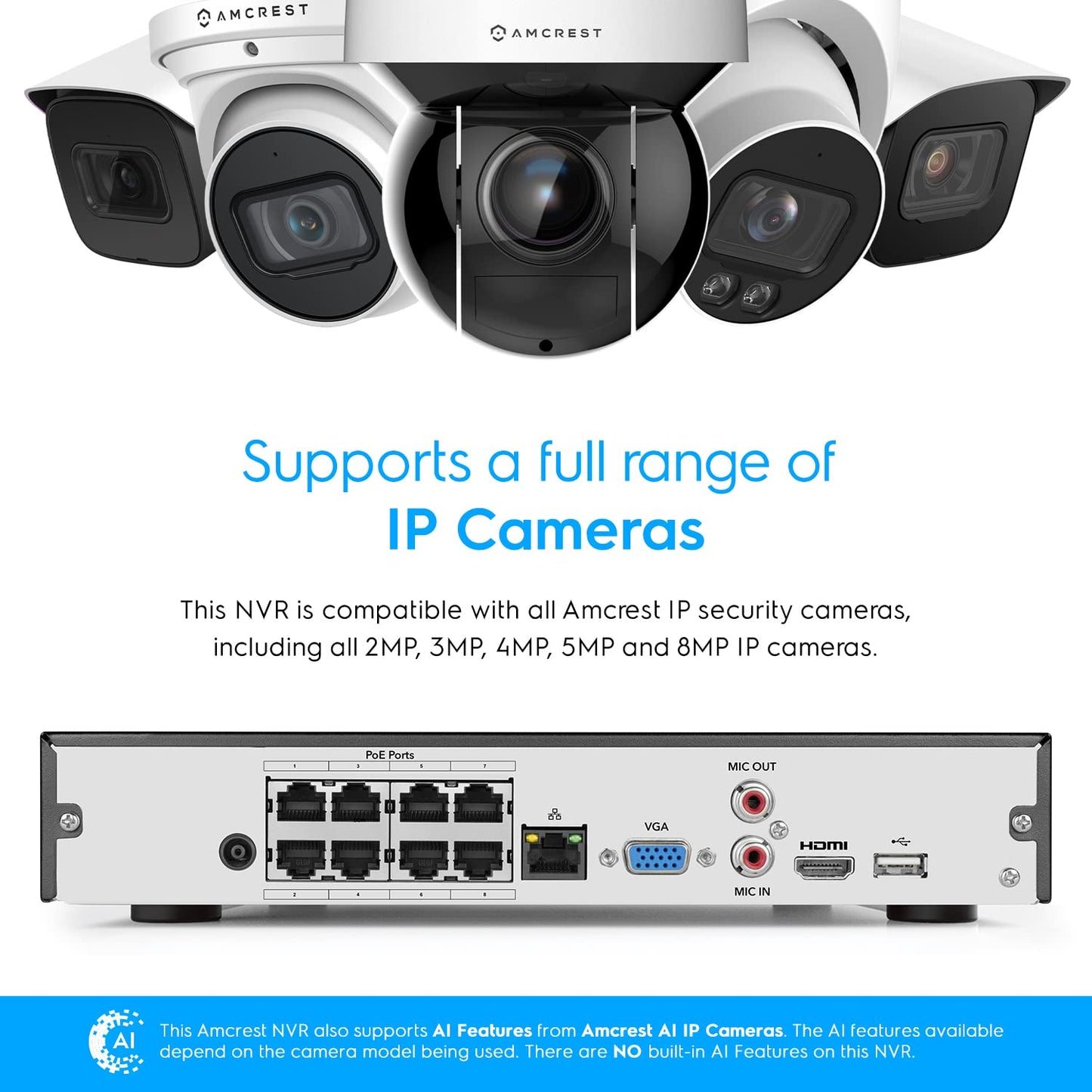 Amcrest 4K 16CH 8 Port PoE NVR (1080p/3MP/4MP/5MP/8MP) Network Video Recorder, 16CH (8-Port PoE) NVR - Supports up to 16 x 8-Megapixel IP Cameras, Supports up to 10TB Hard Drive NV4116E-A2