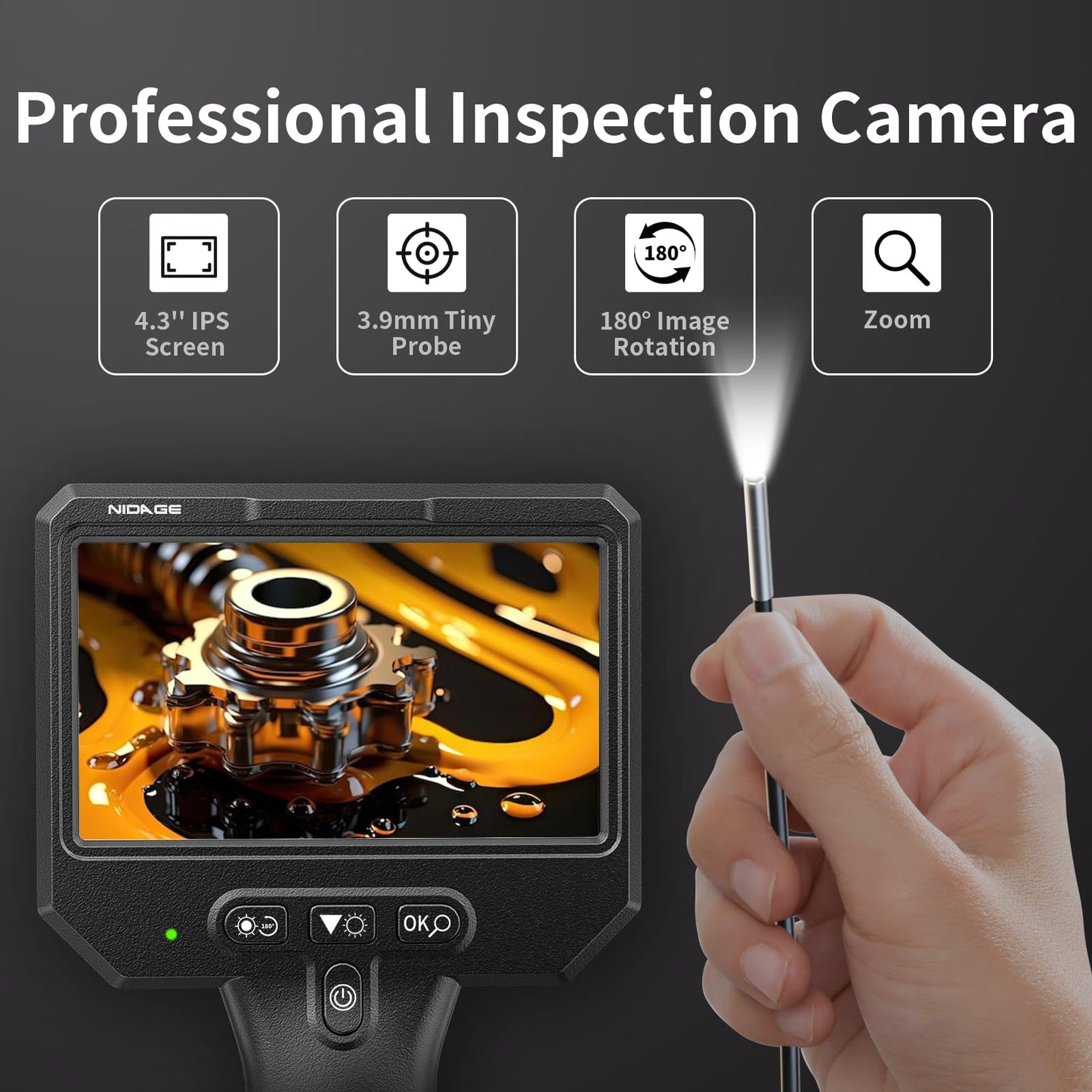 3.9mm Endoscope Camera with Light NIDAGE 1920P HD Industrial Borescope Inspection Camera with 4.3" IPS Screen, 5FT Semi-Rigid Cable, IP67 Waterproof Snake Cam for Car Engine Aircraft Mechanic Tools