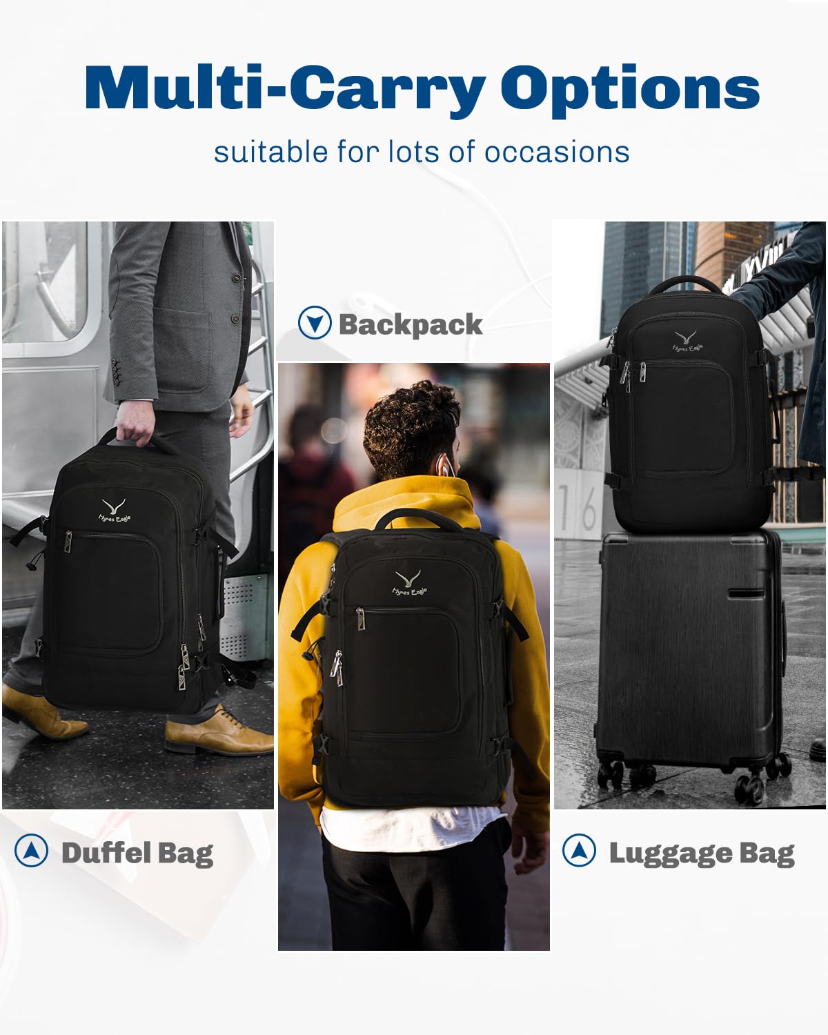 Hynes Eagle Travel Backpack 40L Flight Approved Carry on Backpack Men Large Cabin Weekender Laptop Backpack Women 15.6 inches Black 2023