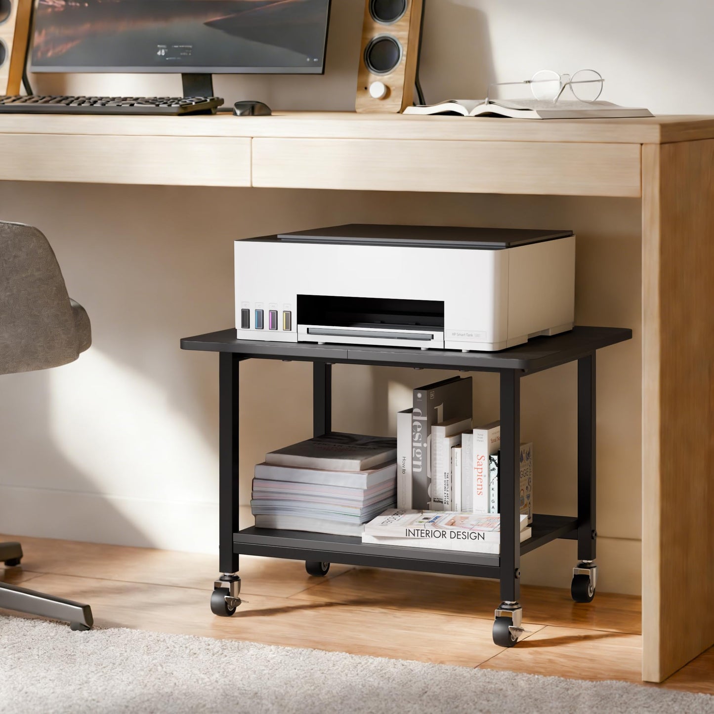 niffgaff Printer Stand with Lockable Wheels, 2-Tier Rolling Printer Cart with Storage Shelf, Compact Wood & Metal Printer Table for Home Office, Black, 20.1'' ×15.4'' ×14.6''