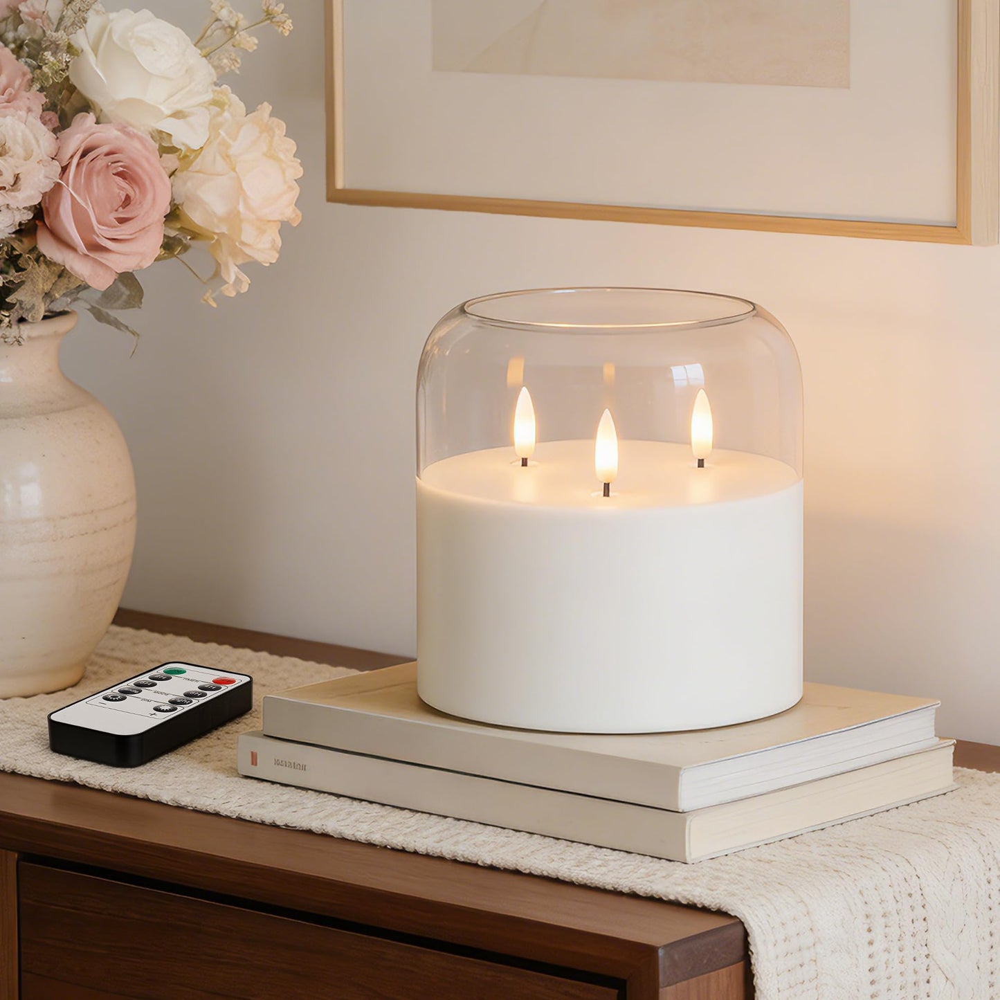 Velsyn 3 Wick Glass Flameless Candle with Remote and Timer, 6"x6" Extra Large Real Wax LED Pillar Candle Battery Operated with 3D Flickering Flame for Festival Wedding Home Party Decor (Clear)