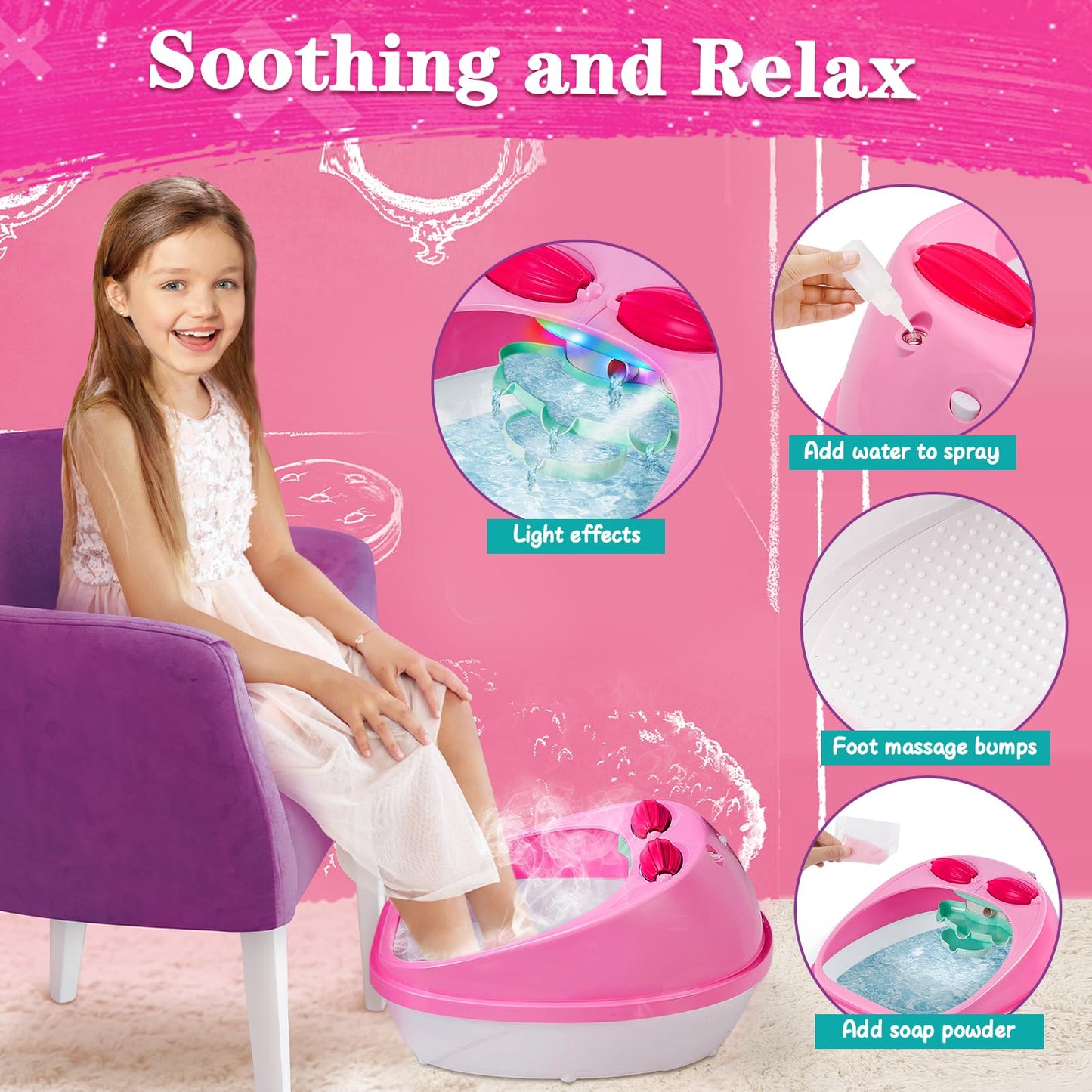 B Bascolor Kids Foot Spa & Nail Kit Set, Kids Spa Day Kit for Girls, Massage Foot Soak Tub and Nail Dryer, Manicure Pedicure Art Salon Girl Gift for 5-12, Christmas Birthday Gifts