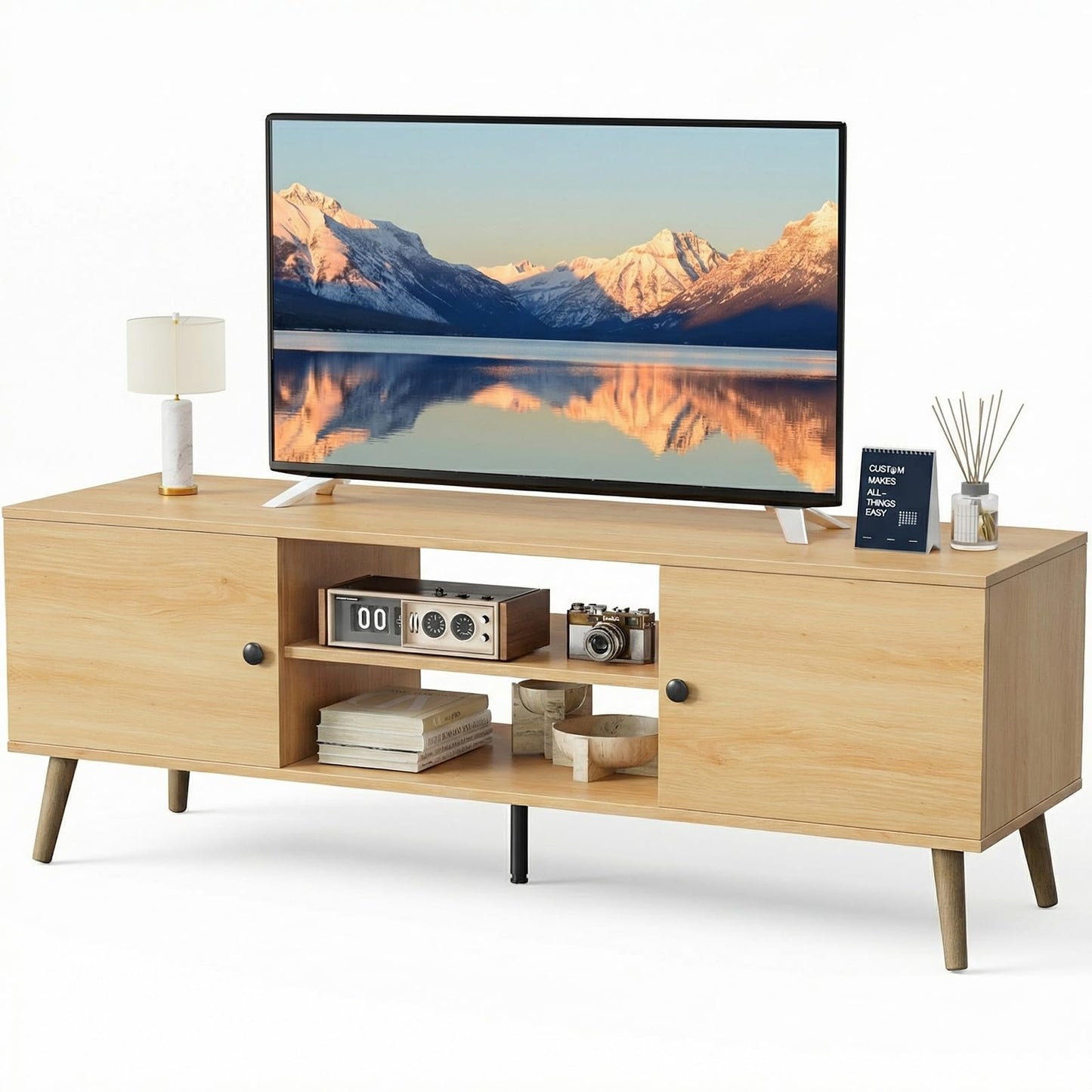 Sweetcrispy TV Stand for 55 60 inch TV, Modern Mid Century Entertainment Center with Storage, Media Console Table 2 Cabinet, Soft Hinge, Handle Door, Wooden Living Room, Office Furniture, Oak