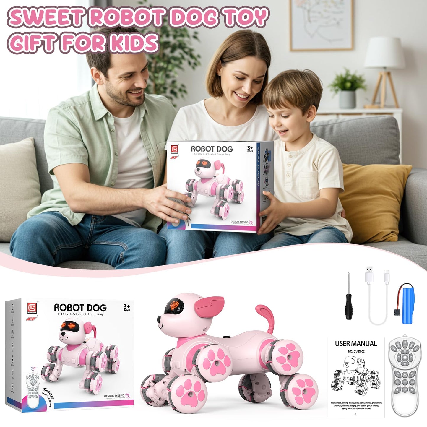 Paaxido 8WD Stunt RC Car Robot Dog Toys for Girls Age 3+, 2.4GHz Remote Control Car Dog Toys with LED Eyes, Smart Interactive Programmable Robot Toys Gift for Boys & Girls Age 3 4 5 6 7 8 Year Old