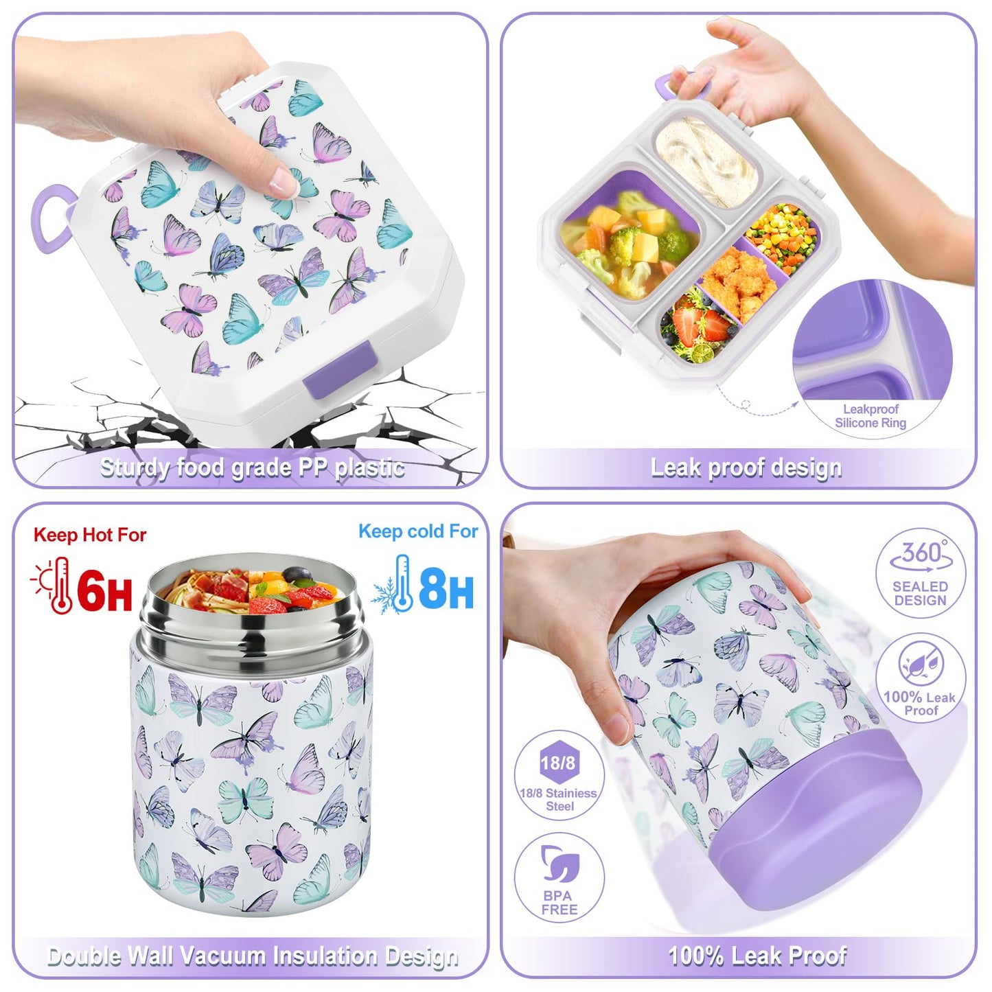 wiwens Bento Lunch Box for Kids with 12oz Soup Thermo Leak-Proof Lunch Food Container with 5 Compartment Thermo Hot Food Jar and Insulated Lunch Bag for Kid Toddler Girls Boys to School