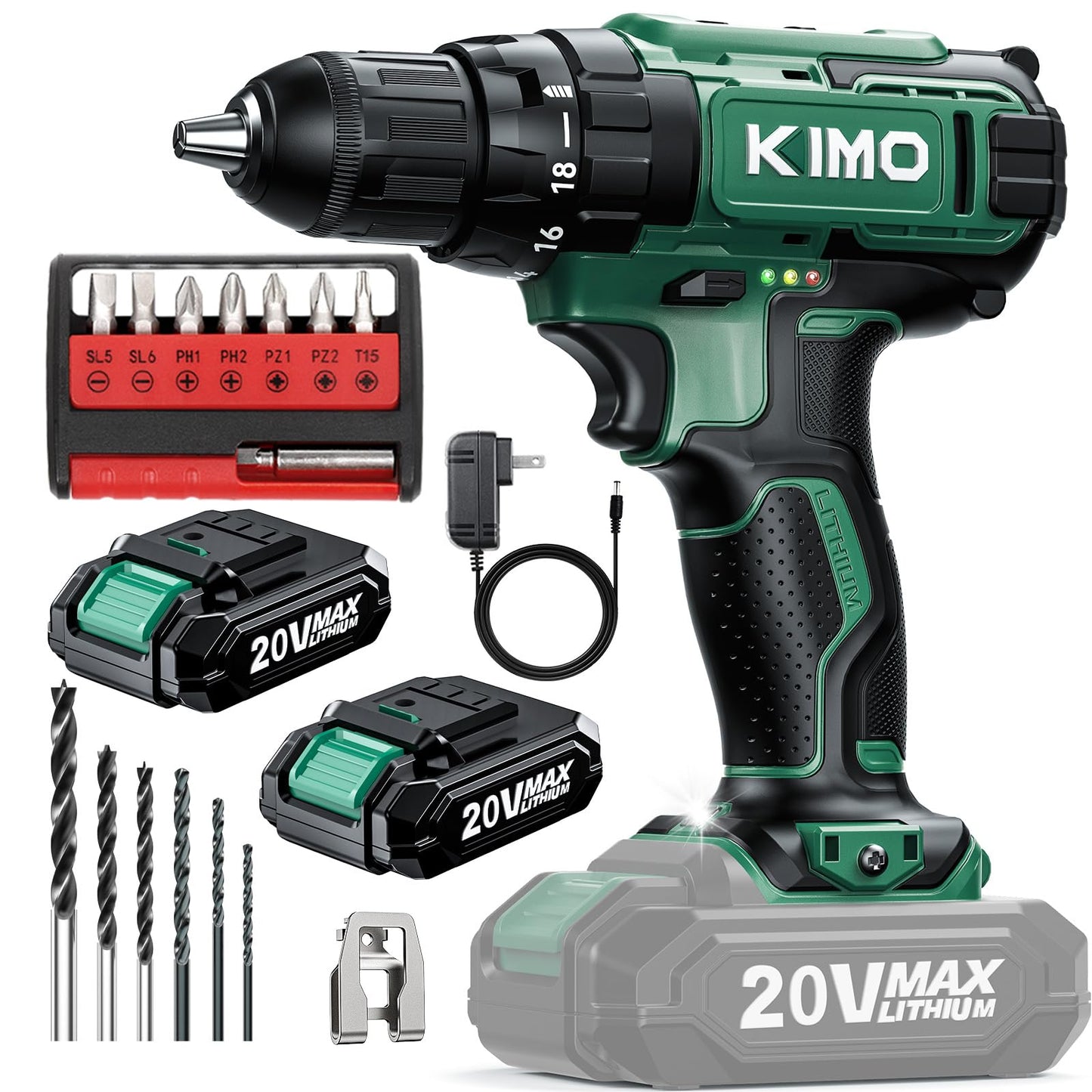 KIMO 20V Cordless Drill Set with 2 Packs 2.0Ah Battery, Max 350 In-lb Torque, 1350 RPM, 3/8" Keyless Chuck, 18+2 Clutch Setting, 18pcs Accessories, Power Drill for Drilling Wood Bricks Walls Metal