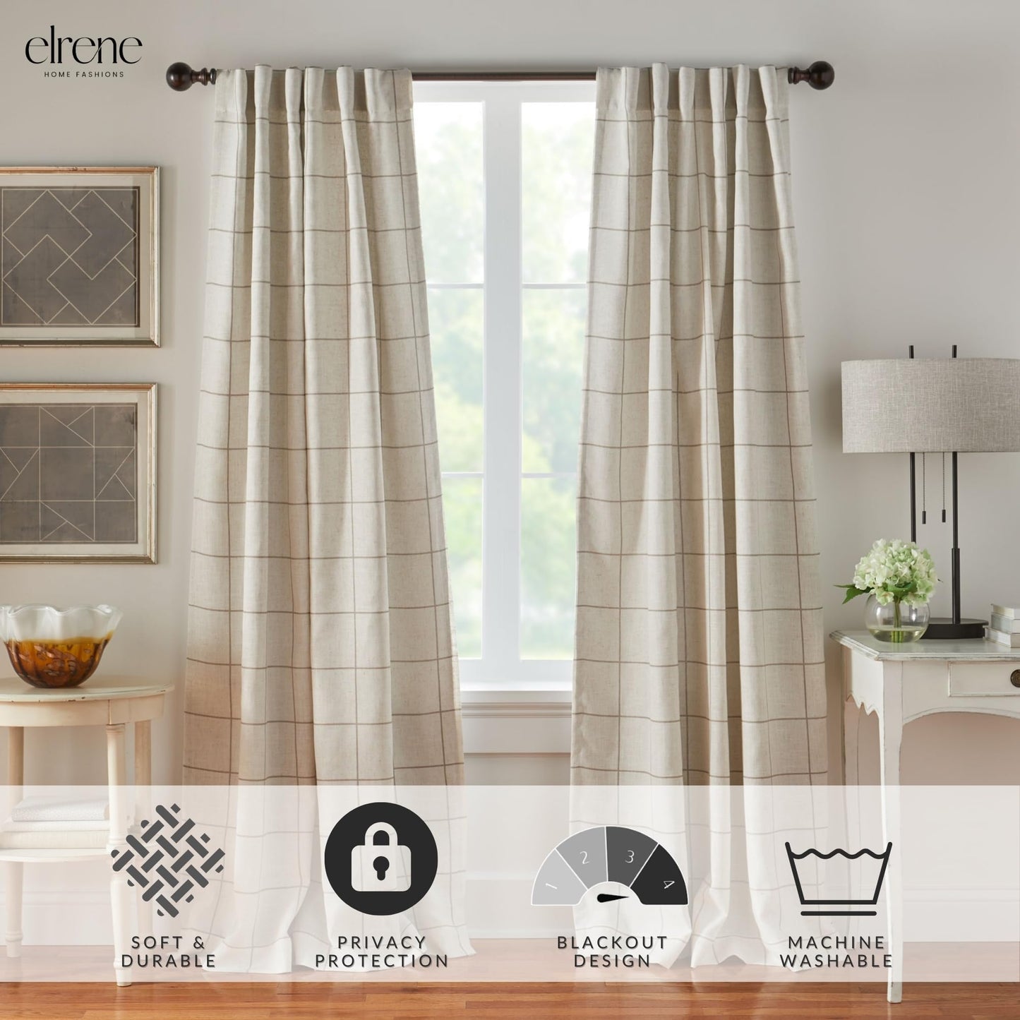 Elrene Home Fashions Brighton Windowpane Plaid Blackout Window Curtain, Living Room and Bedroom Drape with Back Tab and Rod Pocket Tabs, 52"x108", Linen, 1 Panel