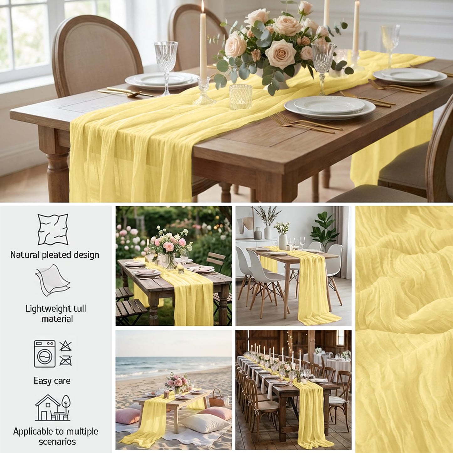 12 Pack Light Yellow Spring Easter Table Runner 10FT Yellow Cheesecloth Table Runner 21x120 inch Boho Gauze Cheese Cloth Table Runner Rustic Sheer Table Runner for Wedding Bridal Baby Shower Decor