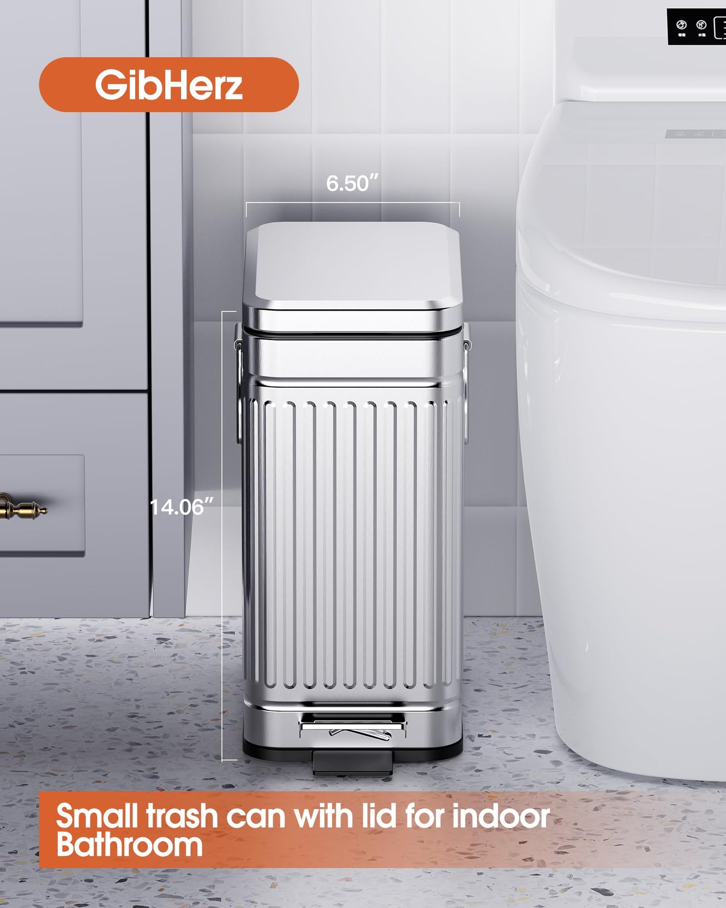 GibHerz Small Trash Can with Lid Soft Close-10L/2.6 Gal Stainless Steel Outdoor Dog Poop Garbage Can-Metal Waste Bins with Pedal for Bathroom Bedroom Office-Silver
