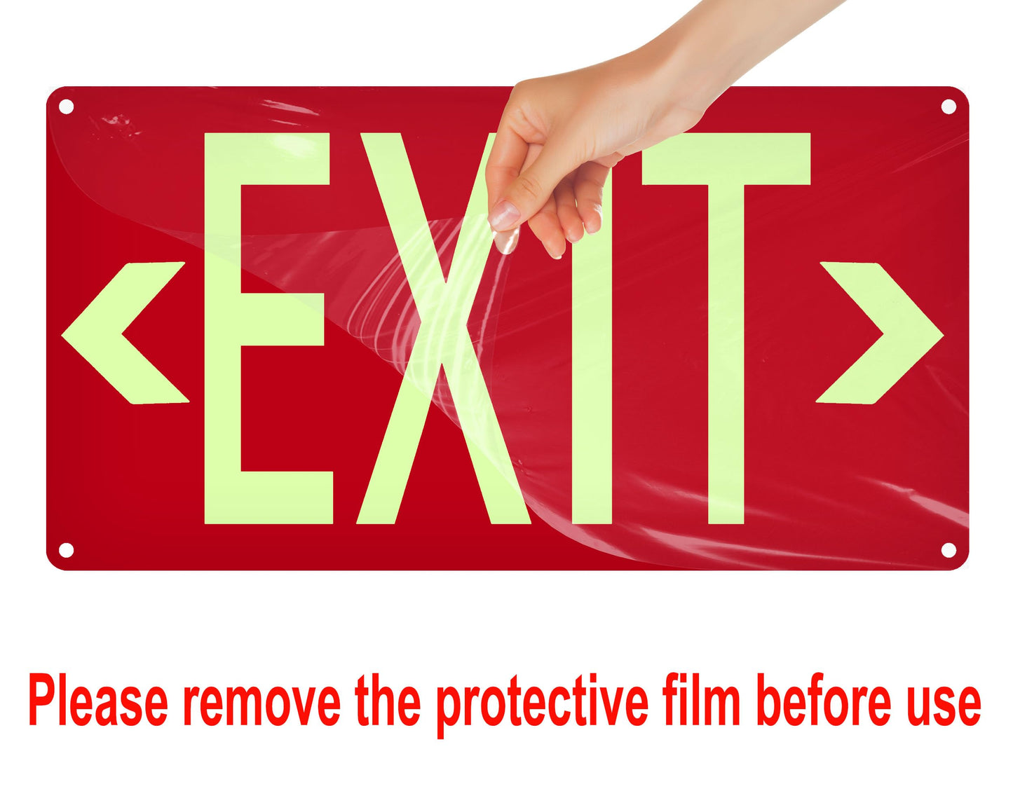 (4 Pack) Photoluminescent Exit Sign Aluminum - Adhesive Backing - Glow In The Dark Exit Sign - Removable Arrows Included - 14.25x7.5 Inches - Non Electrical Red Exit Light For 50 Feet Visibility