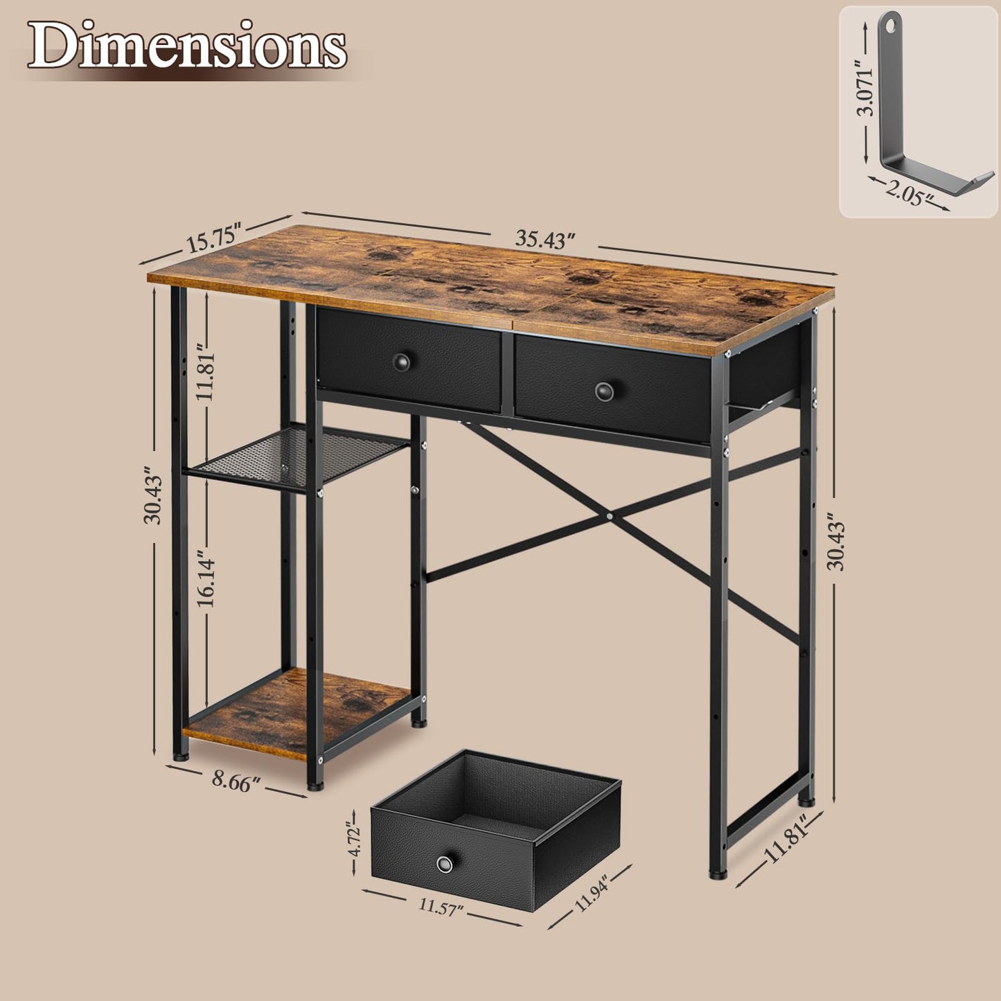 DAOUTIME Small Computer Desk, 36 Inch Writing Desk with Drawers & Storage Shelves, Home Office Writing Desk for Small Spaces, Bedroom, Living Room, Dorm, Rustic Brown