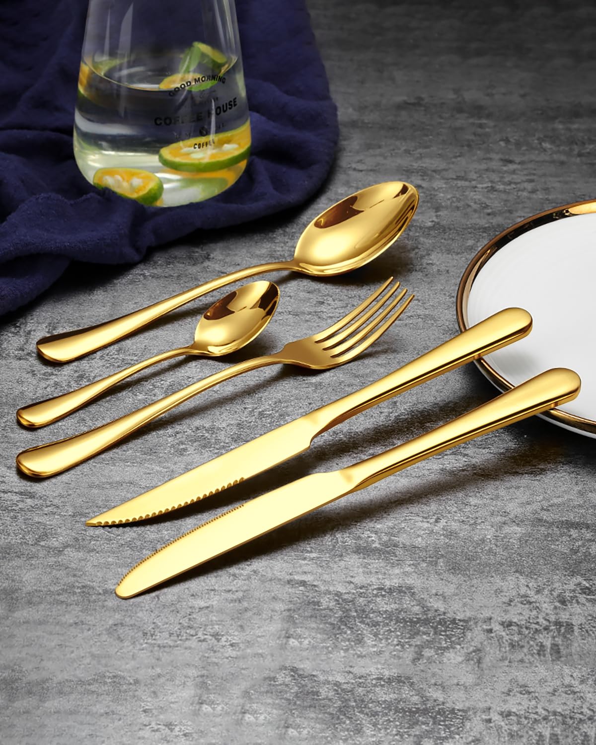 EUIRIO 60Pcs Gold Silverware Set, Stainless Steel Flatware Cutlery Set Service for 12, Mirror Polished Gold Utensils Set Include Forks Spoons Knives for Home, Wedding, Restaurant, Dishwasher Safe