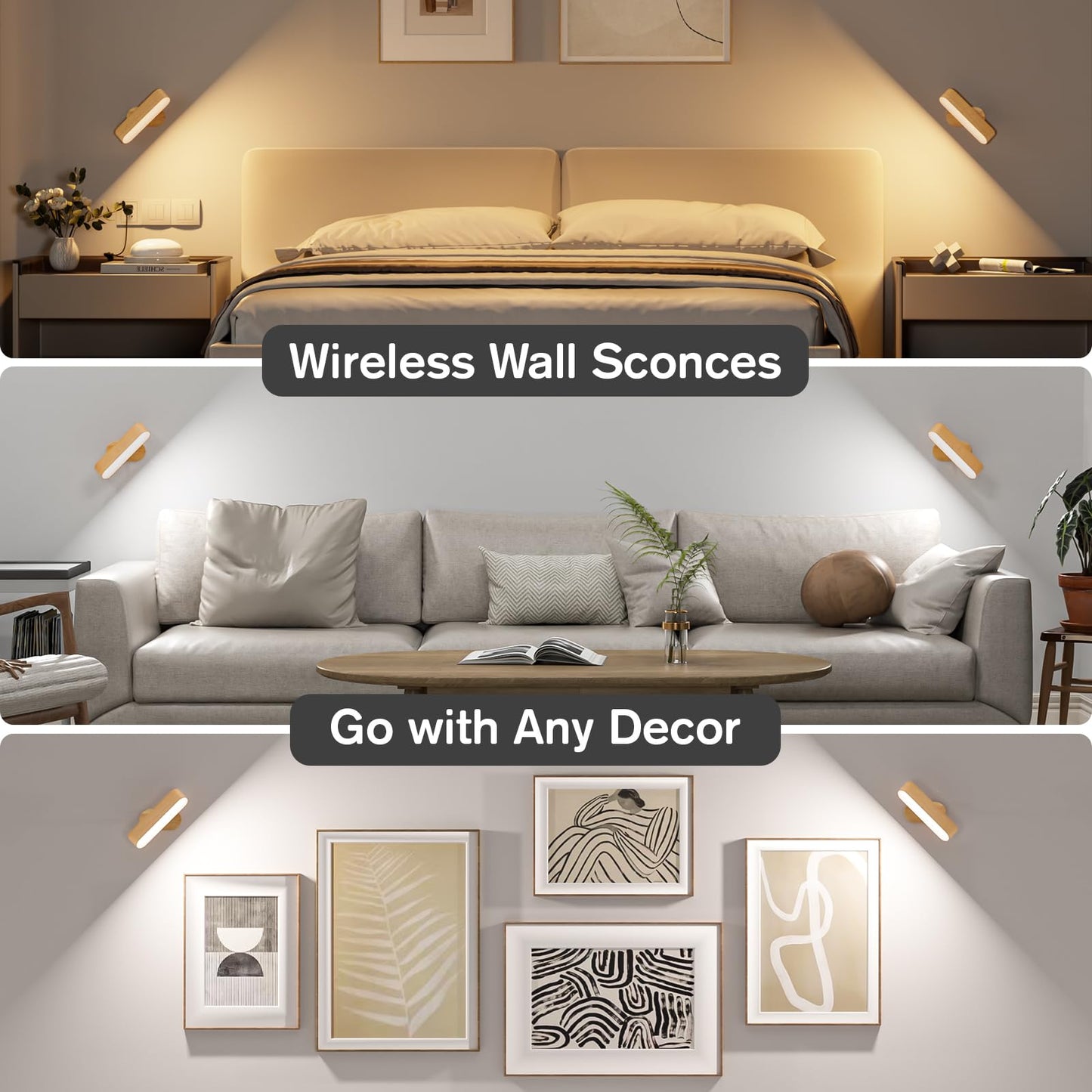 Hensam Battery Operated Wall Sconces, Wireless LED Wall Sconce Set of Two for Bedroom, Rechargeable Wall Lights for Picture, 5 Modes Dimmable Wall Lamps for Living Room, 2 Pack