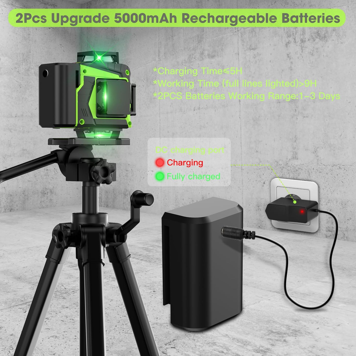 16 Line Laser Level 360 Self Leveling, 4x360°Professional 4D Green Cross Line laser Level with 2 Batteries, Adjustable Brightness & Remote Control, for Tiling Floor Construction and Picture Hanging