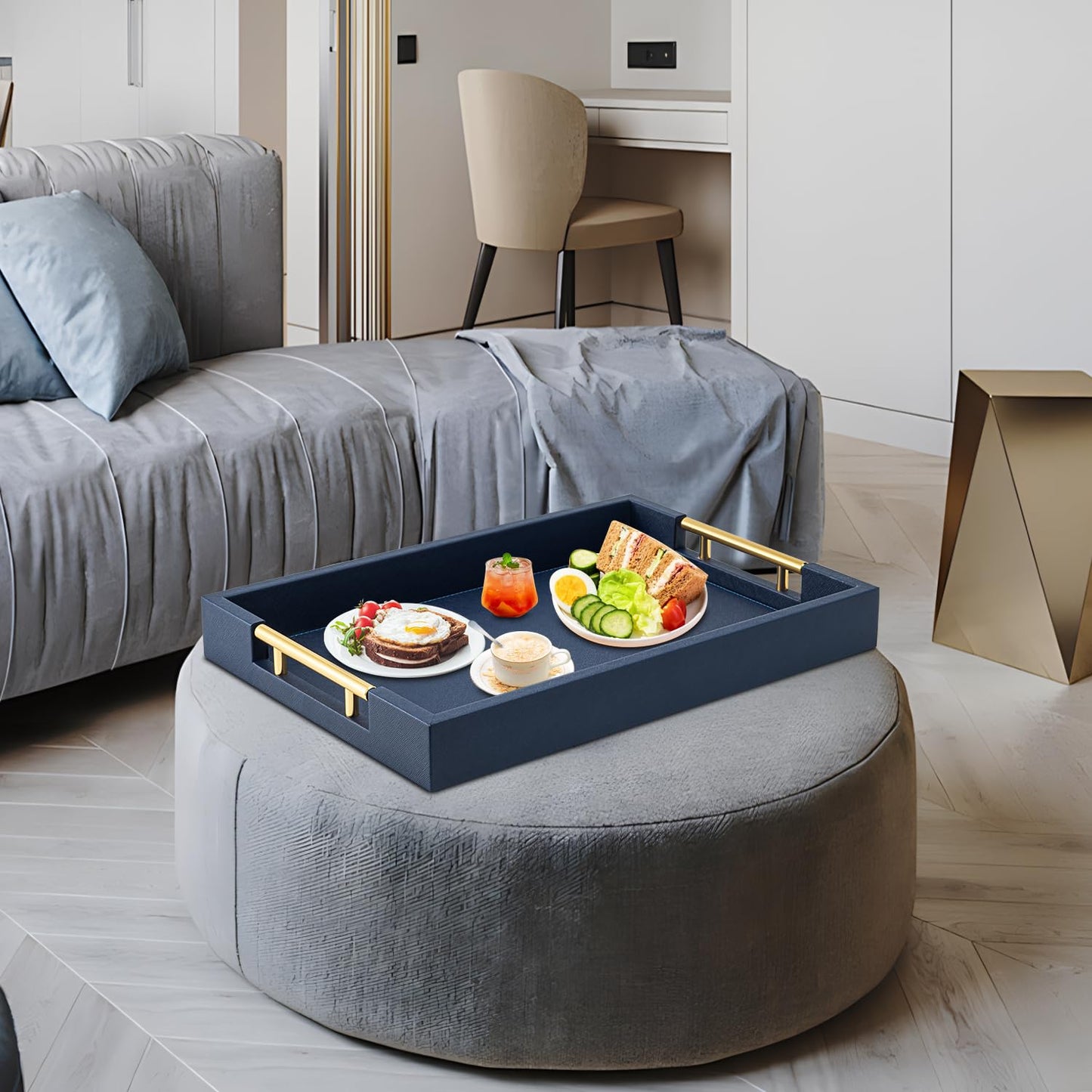 Navy Blue Faux Leather Serving Coffee Tray with Gold Handles,Rectangle Decorative Trays for Home Decor Large Ottoman Tray for Living Room