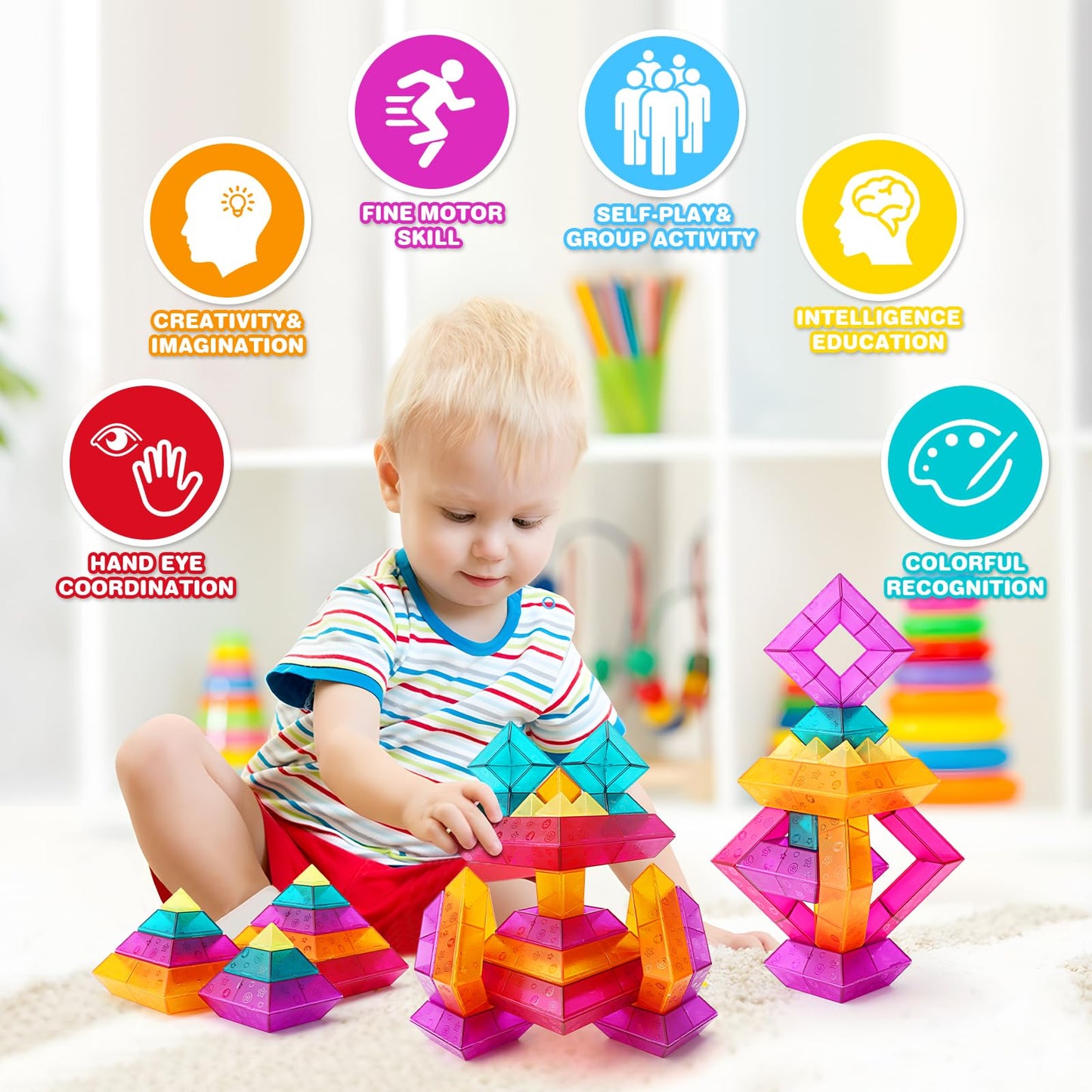 Translucent Building Blocks Set with Toy Storage Bag, 30 Pieces Light Through Stacking Toys for Ages 3+ and Up STEM Kindergarten Education Light Table Gift for Toddlers & Kids