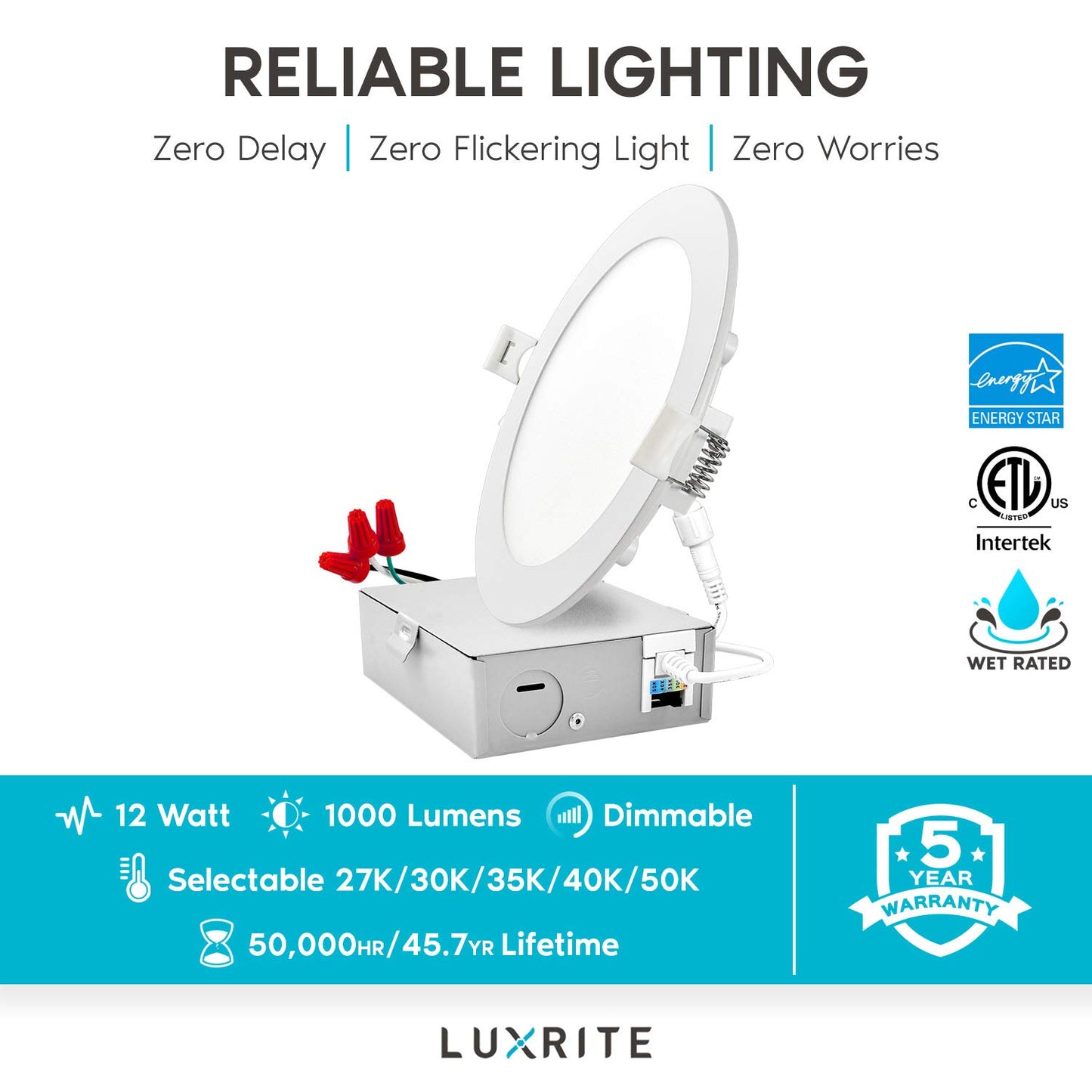 LUXRITE 6 Inch Ultra Thin LED Recessed Light with J-Box, 12W, Color Temperature Selectable 2700K | 3000K | 3500K | 4000K | 5000K, Dimmable Wafer Light, 1000 Lumens, Energy Star, IC Rated (4 Pack)