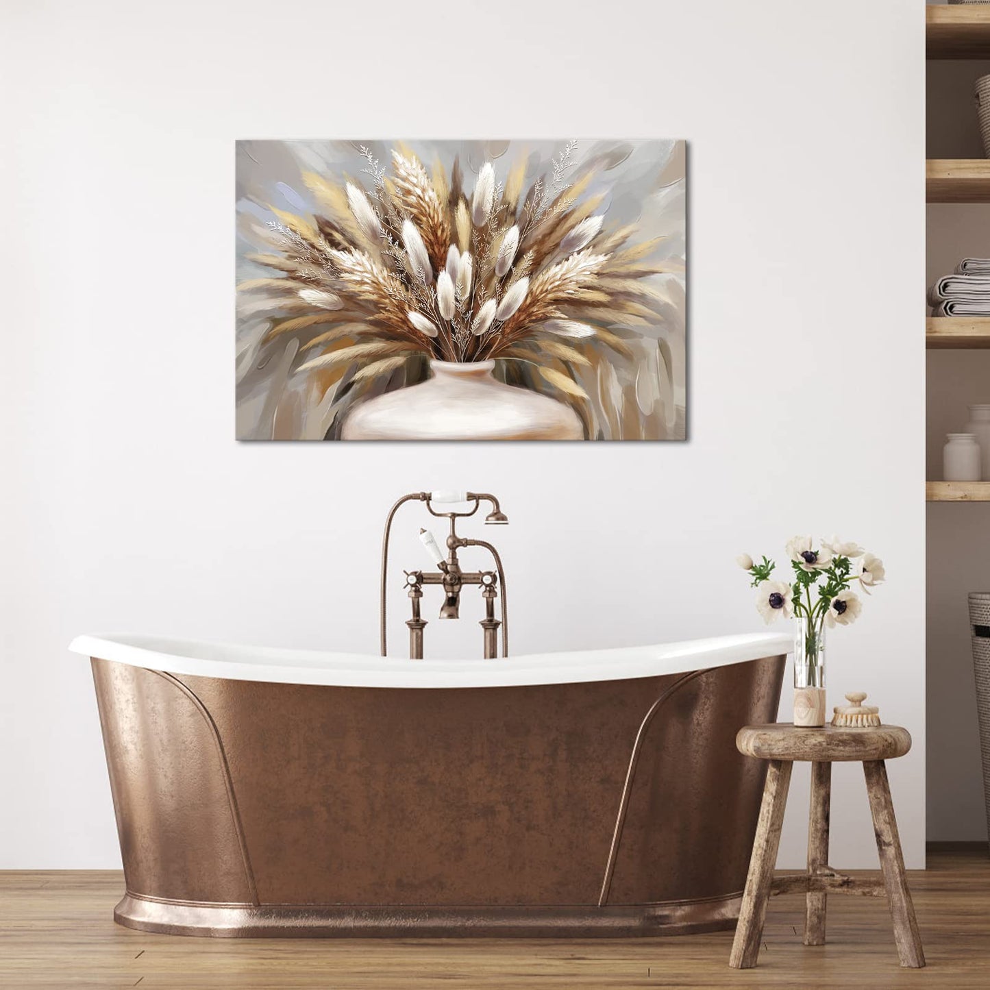 iHAPPYWALL Large Pampas Grass Wall Art Boho Botanical Modern Farmhouse Plant Dried Floral Grass in Vase Canvas Prints for Home Kitchen Bedroom Stretched and Framed Ready to Hang 24x36inch