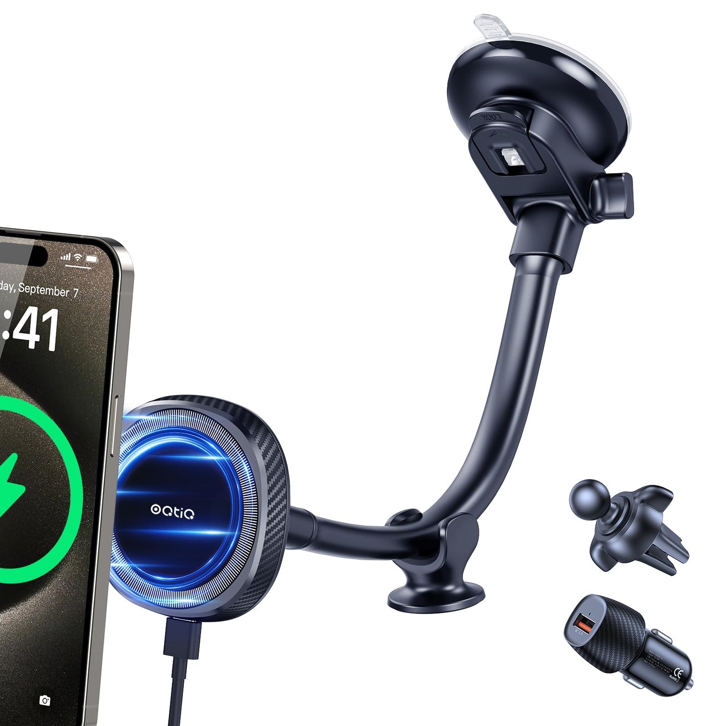OQTIQ for MagSafe Car Charger, Magnetic Wireless Car Charger Compatible with iPhone 16 15 14 13 12 Series, 15W Fast Charging Car Phone Mount for Windshield Dashboard Air Vent [with QC 3.0 Adaptor]