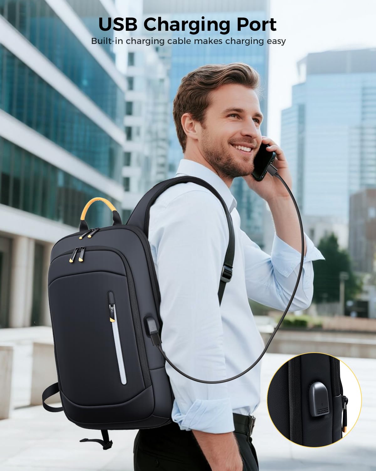 Lekespring Slim Laptop Backpack for Men, 15.6 Inch Expandable Business Travel Backpack with USB Charging Port, 1.54Lbs Lightweight Work Computer Bag, 600D Waterproof Durable Backpack, Black