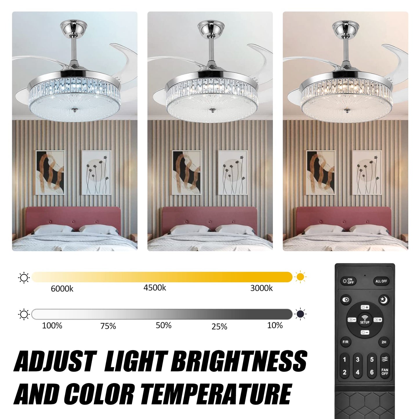 42" Invisible Ceiling Fan Chandelier Light,Modern Crystal Ceiling Fan Light Remote Control 4 Retractable ABS Blades for Bedroom Living Room Dining Room Decoration (Style D)