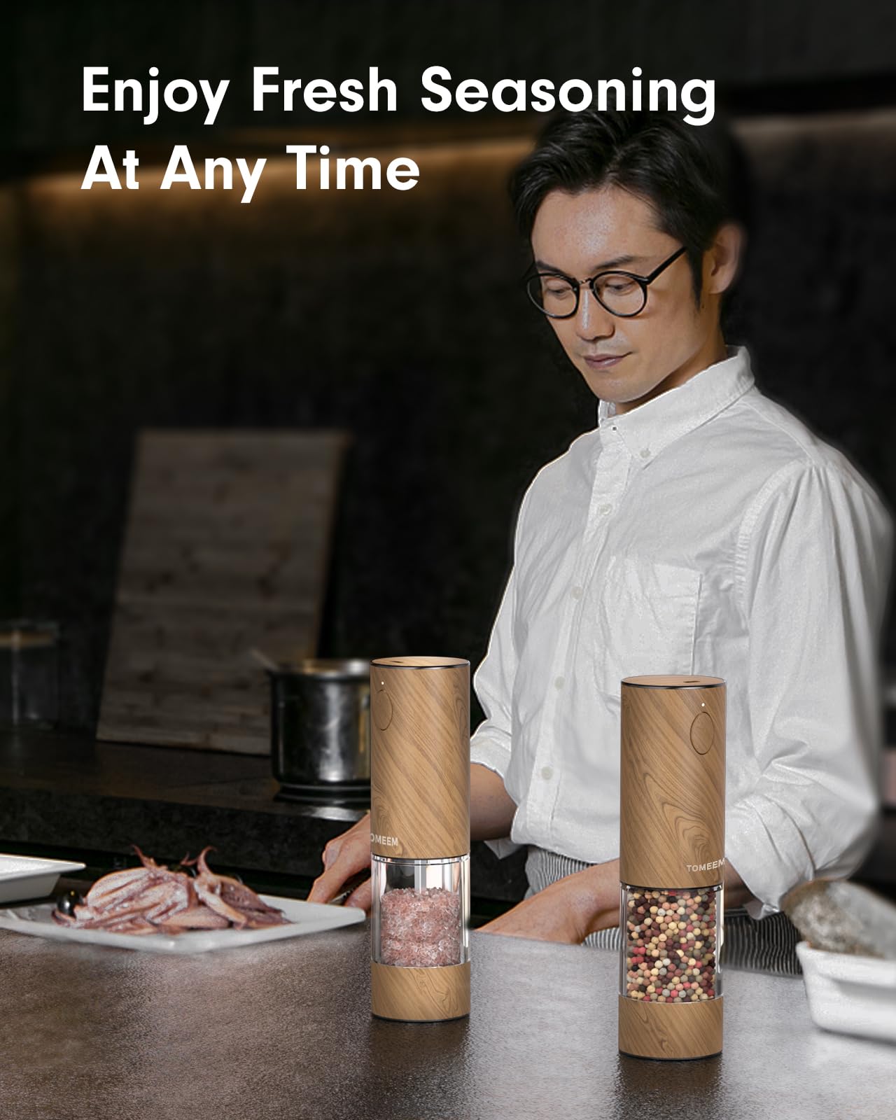 TOMEEM Upgraded Larger Capacity Electric Salt and Pepper Grinder Set Rechargeable with LED lights, Stainless Steel Automatic Pepper and Salt Grinder Refillable with 5 Adjustable Coarseness Wood Grain
