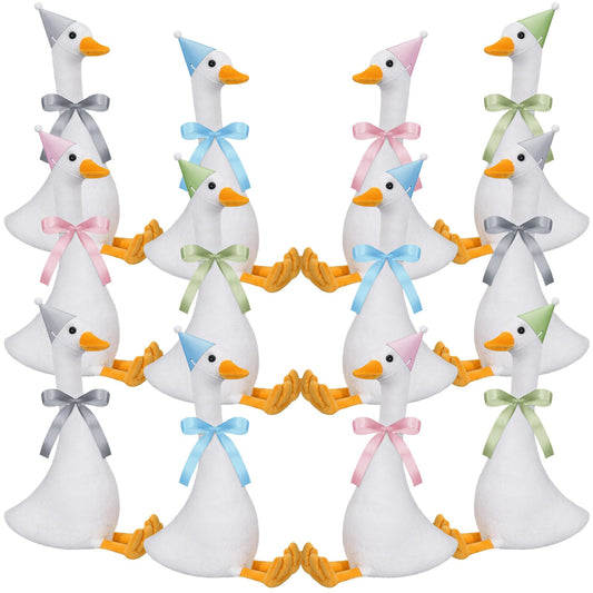 Blueweenly 12 Sets 11.8 Inch One Silly Goose Plush Party Favor, Birthday Decor for Girl Boy Stuffed Goose Animals with Hats and Ribbons(Cuddly Style)