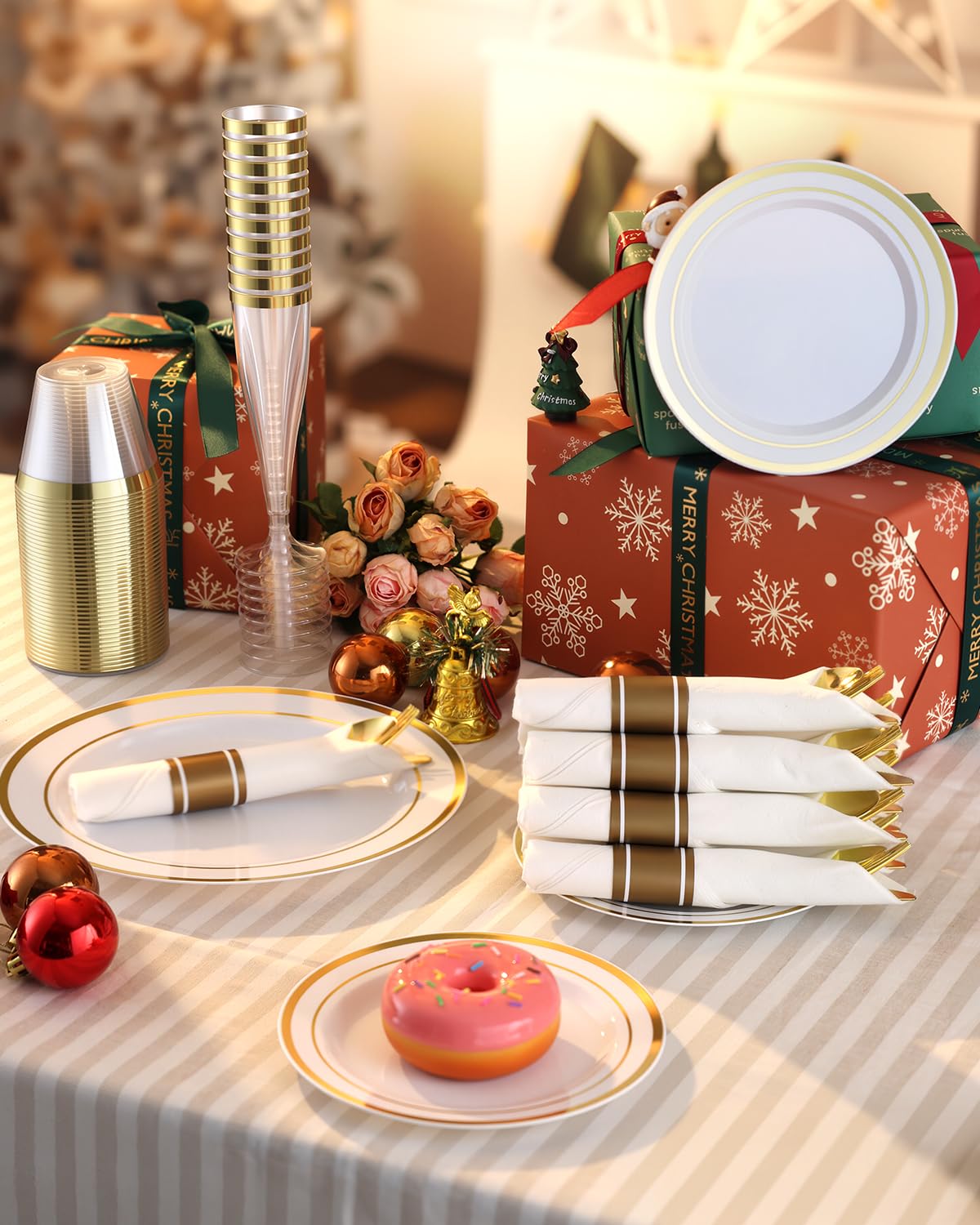 Goodluck 320PCS Gold Disposable Plastic Dinnerware Set for 40 Guests, Include 40 Dinner Plates, 40 Dessert Plates, 40 Napkins with Silverware, 40 Cups, 40 Champagne Glasses, for Christmas, Wedding