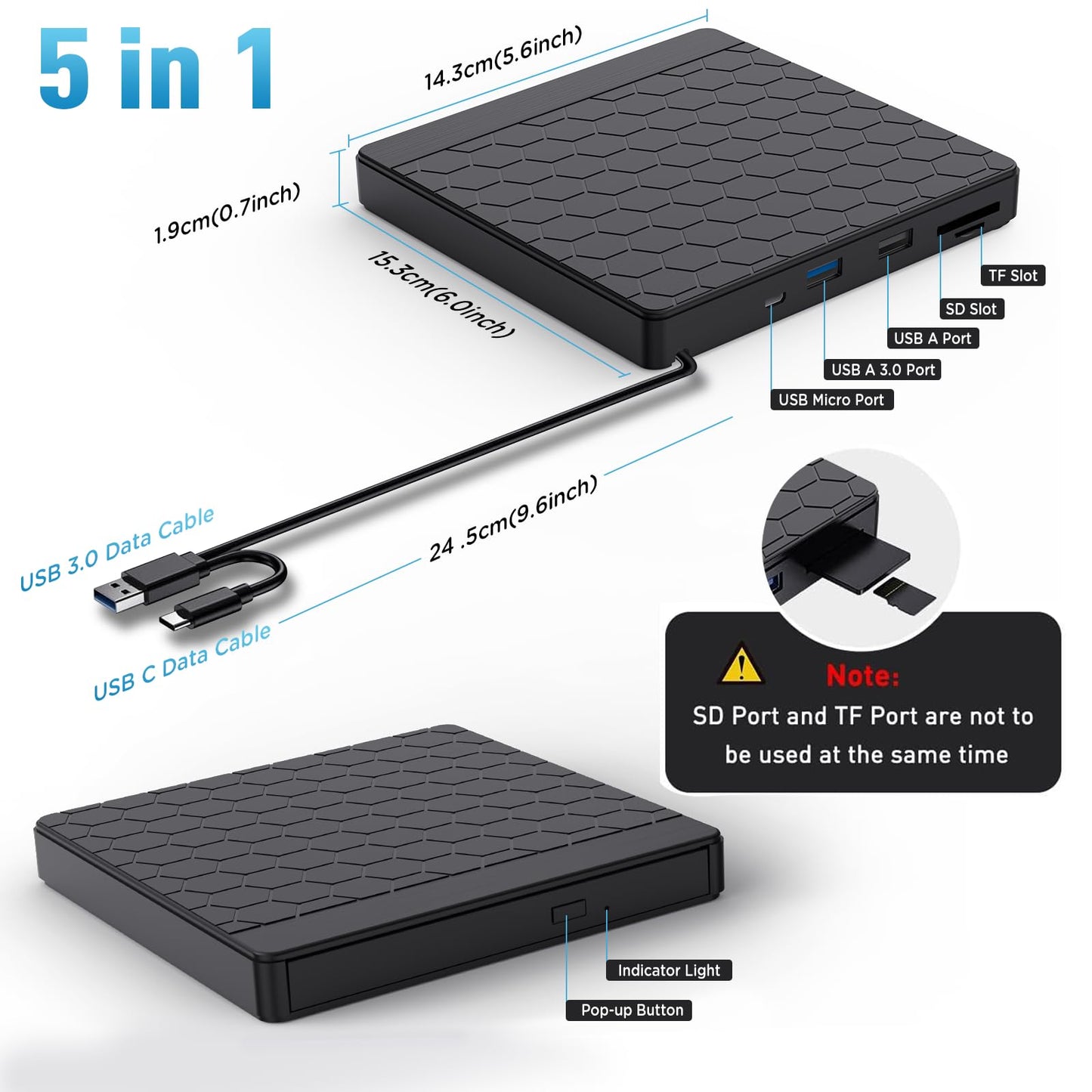 Aumdie External CD/DVD Drive for Laptop, USB 3.0 CD Burner with 2 USB Ports and 2 TF/SD Card Slots, DVD Player for Laptop, Mac, PC, Windows 11/10/8.1/7