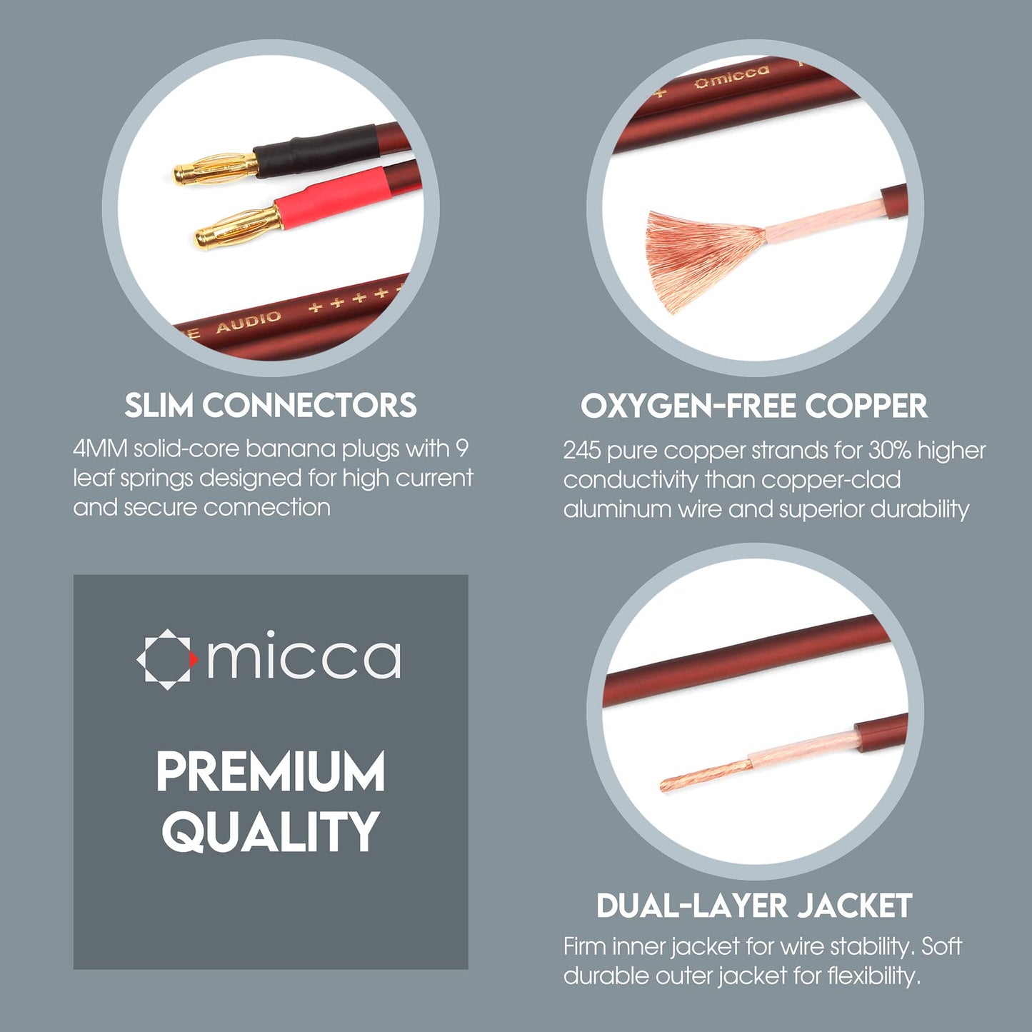 Micca 14 Gauge Pure Copper Speaker Wire, 12 Feet (4 Meters 13.1ft Actual), 2 Pack Pair, Gold Plated Banana Plugs Connectors, Soldered Construction, Slim Design, 245 Strands, For Stereo or Home Theater