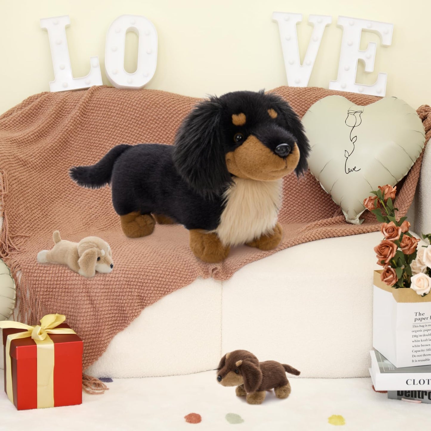 MorisMos 20'' Large Sausage Dog Stuffed Animal Mommy with Baby Puppy Toys for Kids, 3Pcs Realistic Long Hair Sausage Toys for Girl Boy Birthday Christmas
