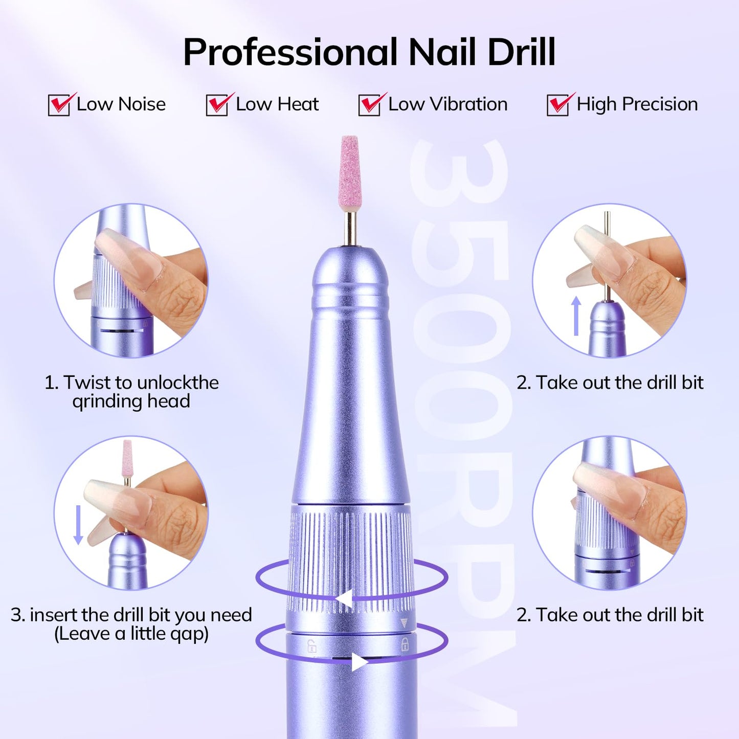 Lavinda Electric Nail Drill Machine, Professional 35000RPM Nail File Cordless Rechargeable Nail Efile for Acrylic Gel Nails, Manicure Pedicure Polishing Shape Tools for Salon Home Use-Purple