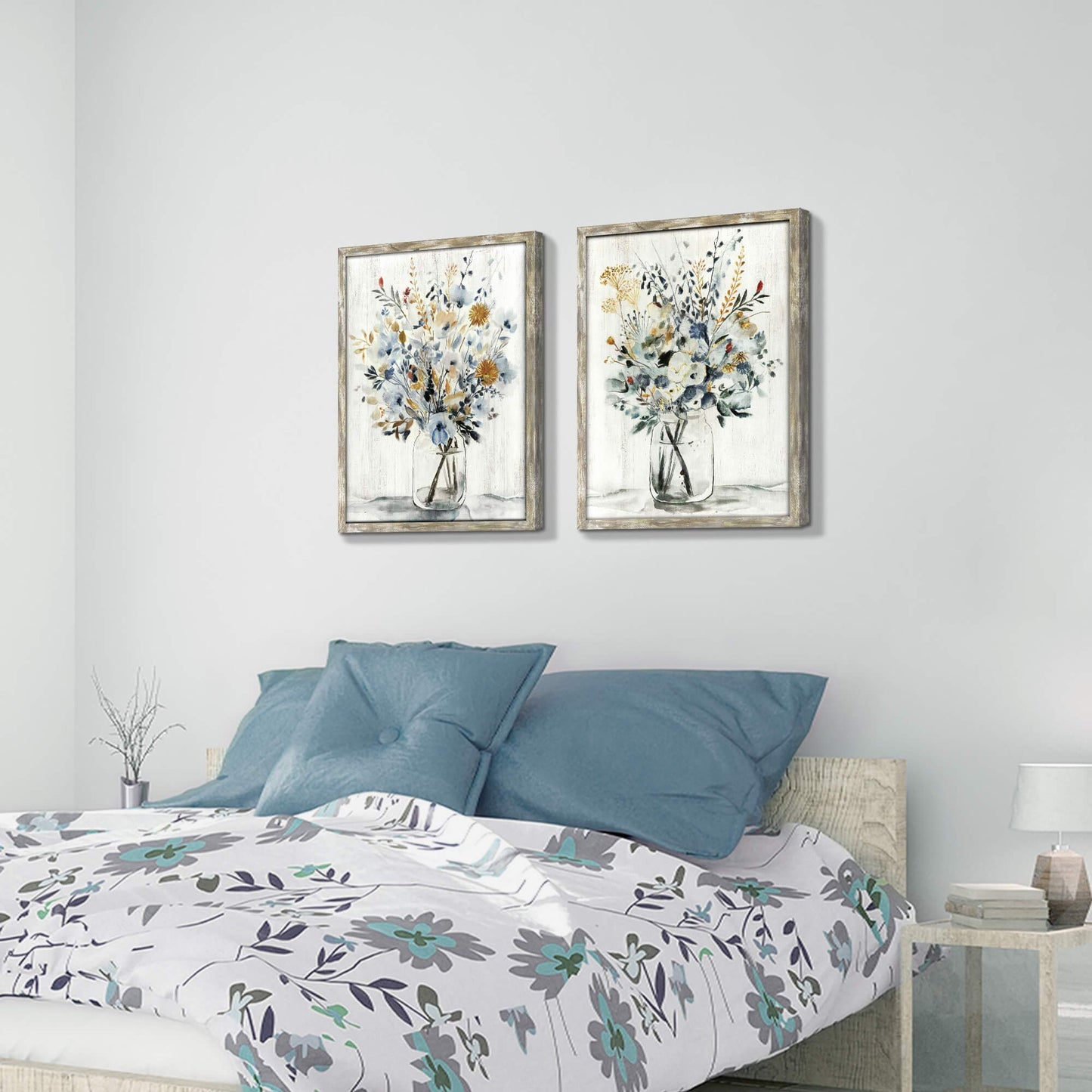 Floral Picture Wall Art Painting: Blossom Bouquet Flowers Print on Rustic Wood and Handcrafted Wooden Framed Artwork for Home and Kitchen (18” x 24” x 2pcs)