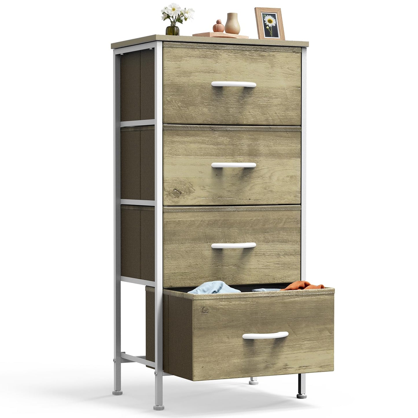 DUMOS Nightstand with 4 Drawers Bedside Table with Removable Fabric Bins Sturdy Steel Frame Wood Top Organizer Furniture for Bedroom Closet Living Room,Oak Greige