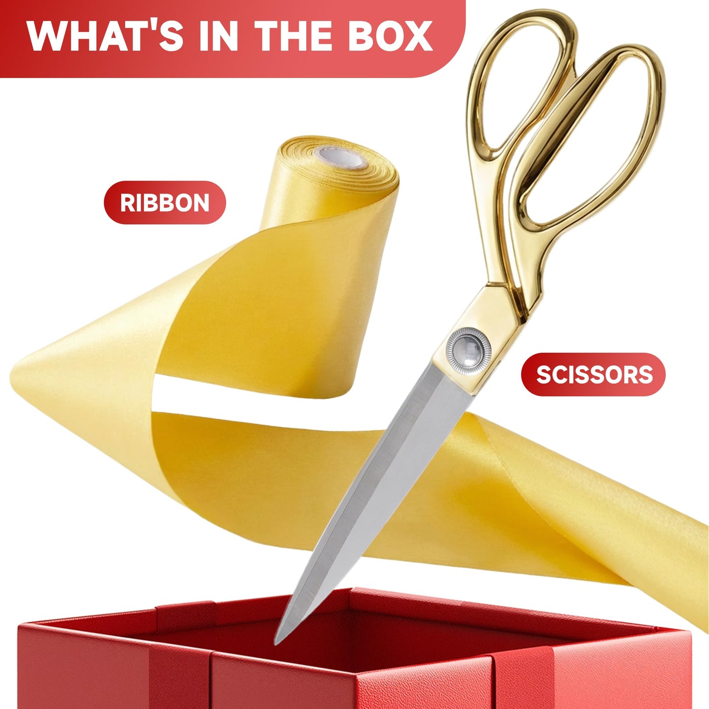 COMSIS Ribbon Cutting Ceremony Kit 10" Gold Handled Elegant Sharp Ribbon Cutting Scissors & 30 Feet Long 4" Wide Gold Satin Grand Opening Ribbon - Ceremonial Kit