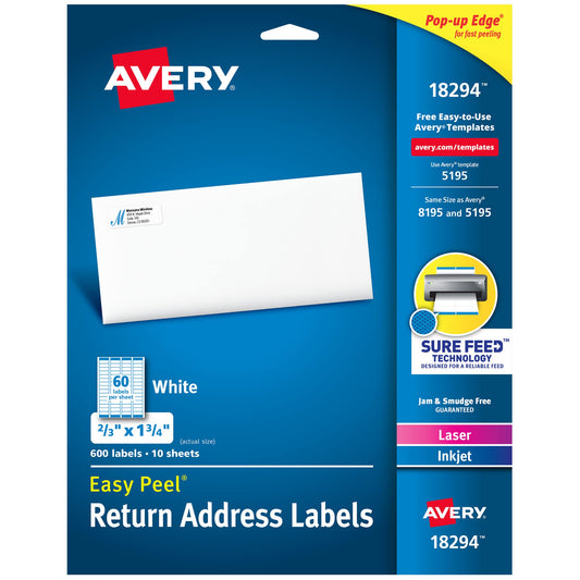 Avery Printable Return Address Labels, Sure Feed Technology, 2/3" x 1-3/4", White, Laser & Inkjet Compatible, 600 Blank Labels per Pack, Great for High-Volume Mailing (5-Pack of 18294)